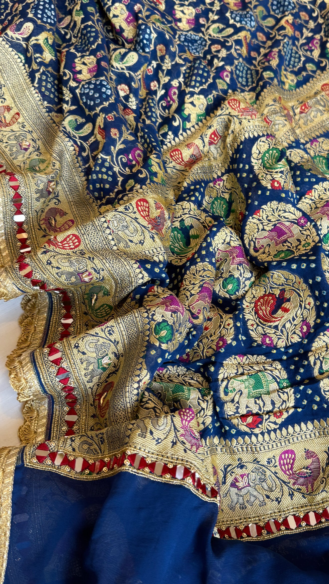 Mirror work banarasi bandhej shikargah motif heavy hand embroidered saree
