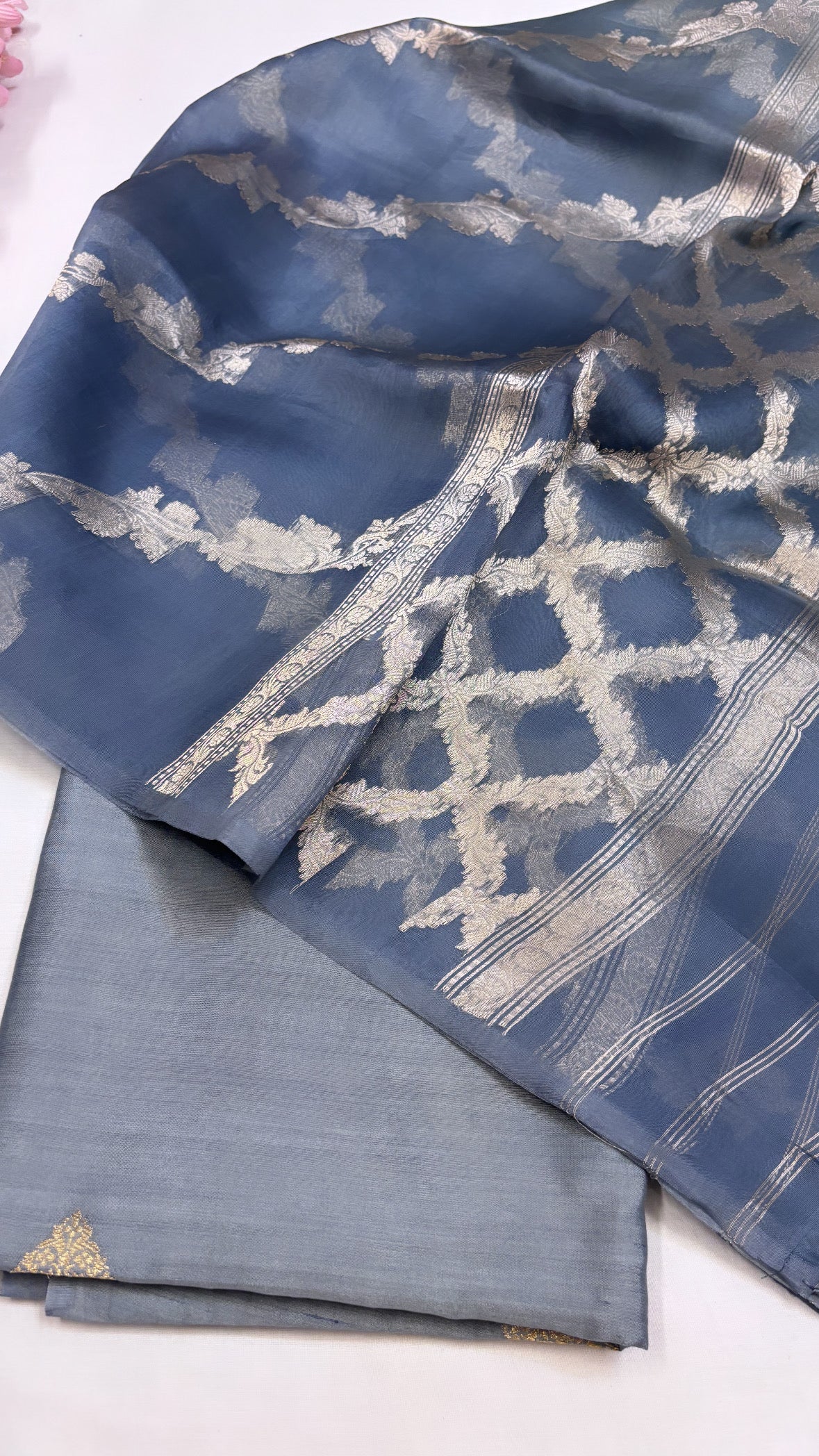 Pure Banarasi persian blue chiniya silk kadhwa suit set paired with kora silk ombre shaded kadhwa duppata and bottom set