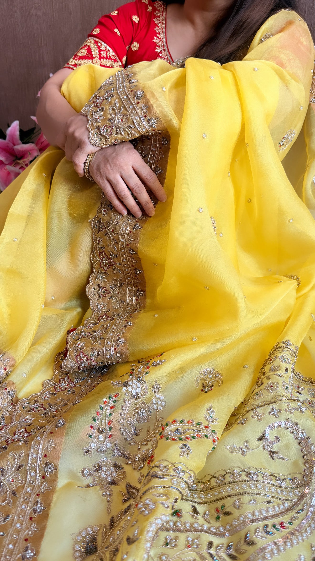 Mummy ki purani wali saree edit - Lemon yellow kora silk kadhwa hand embroidered saree