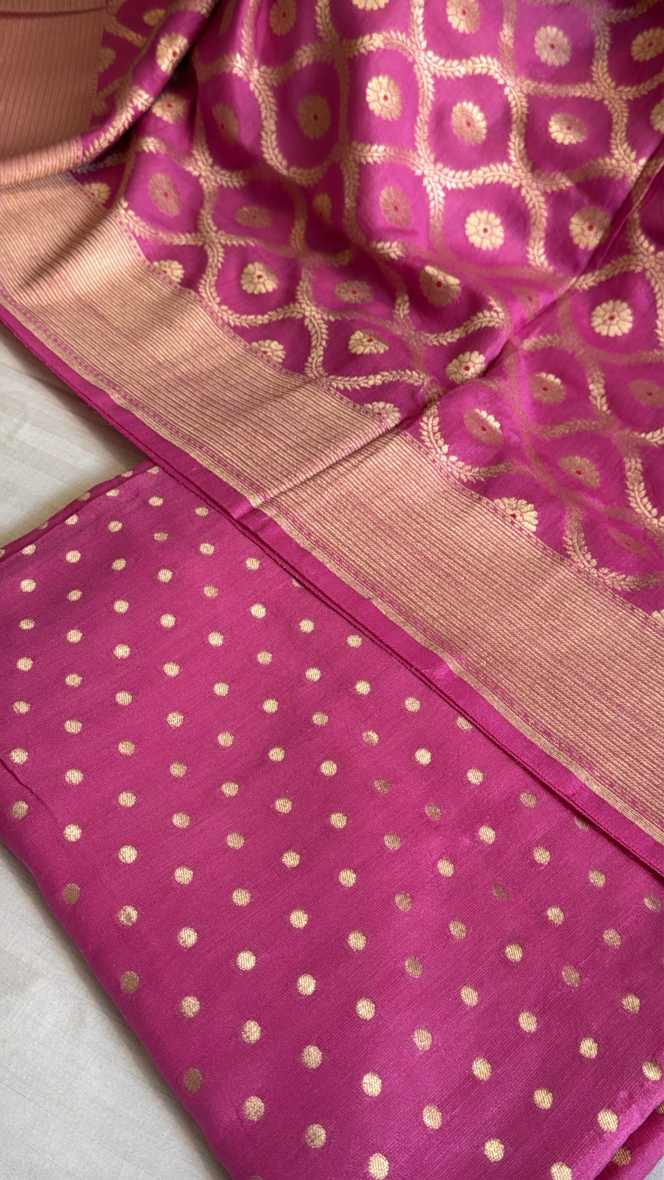 Strawberry pink moonga silk kadhwa jaal suit set