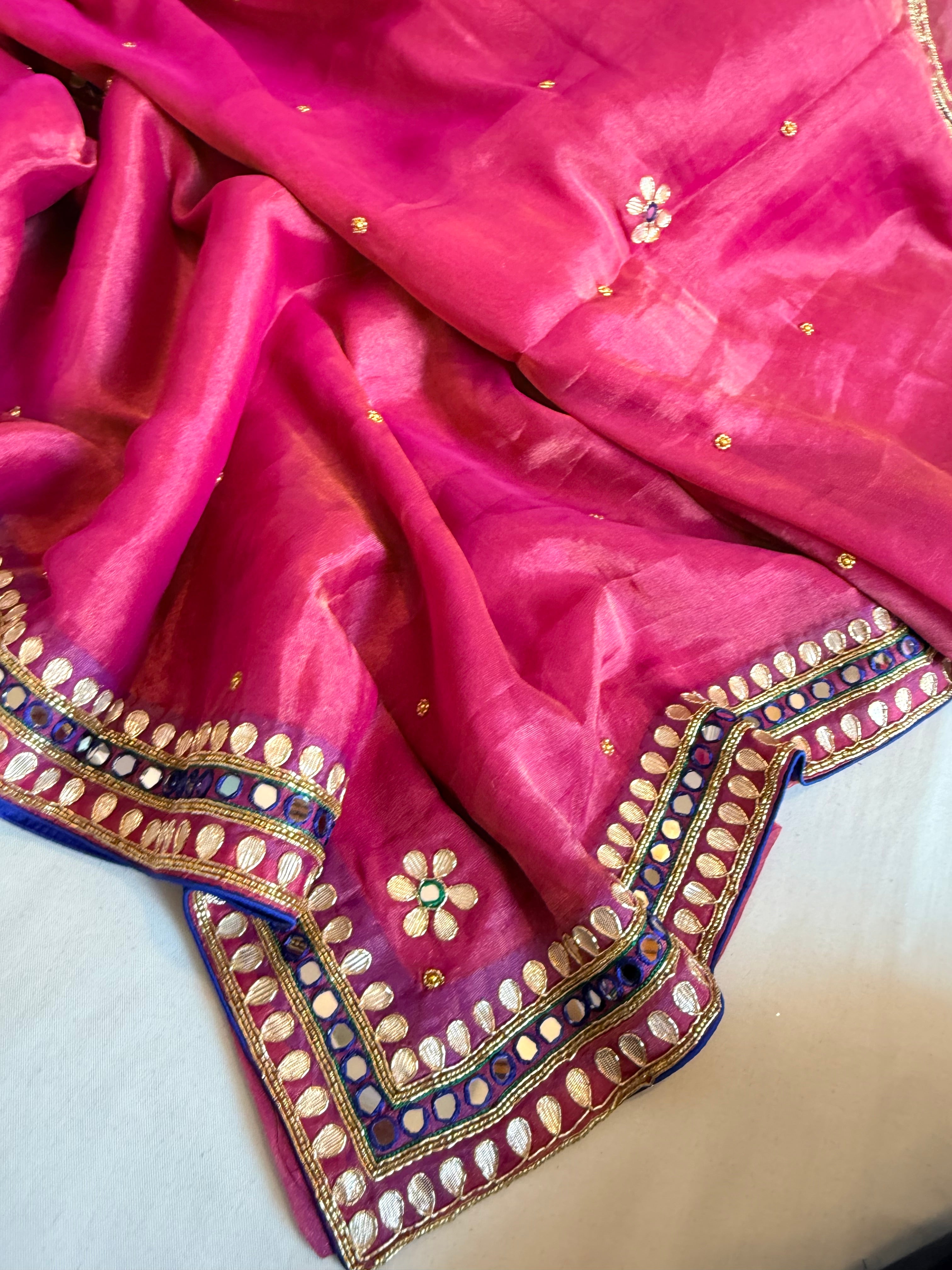 Hot pink tissue gorgette mirror work meenakari kadhwa banarasi saree