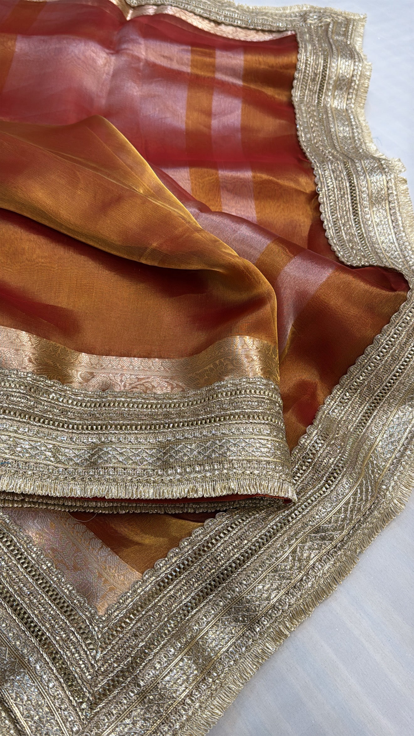 Maharani Fanta orange tissue silk kadhwa gotapatti saree