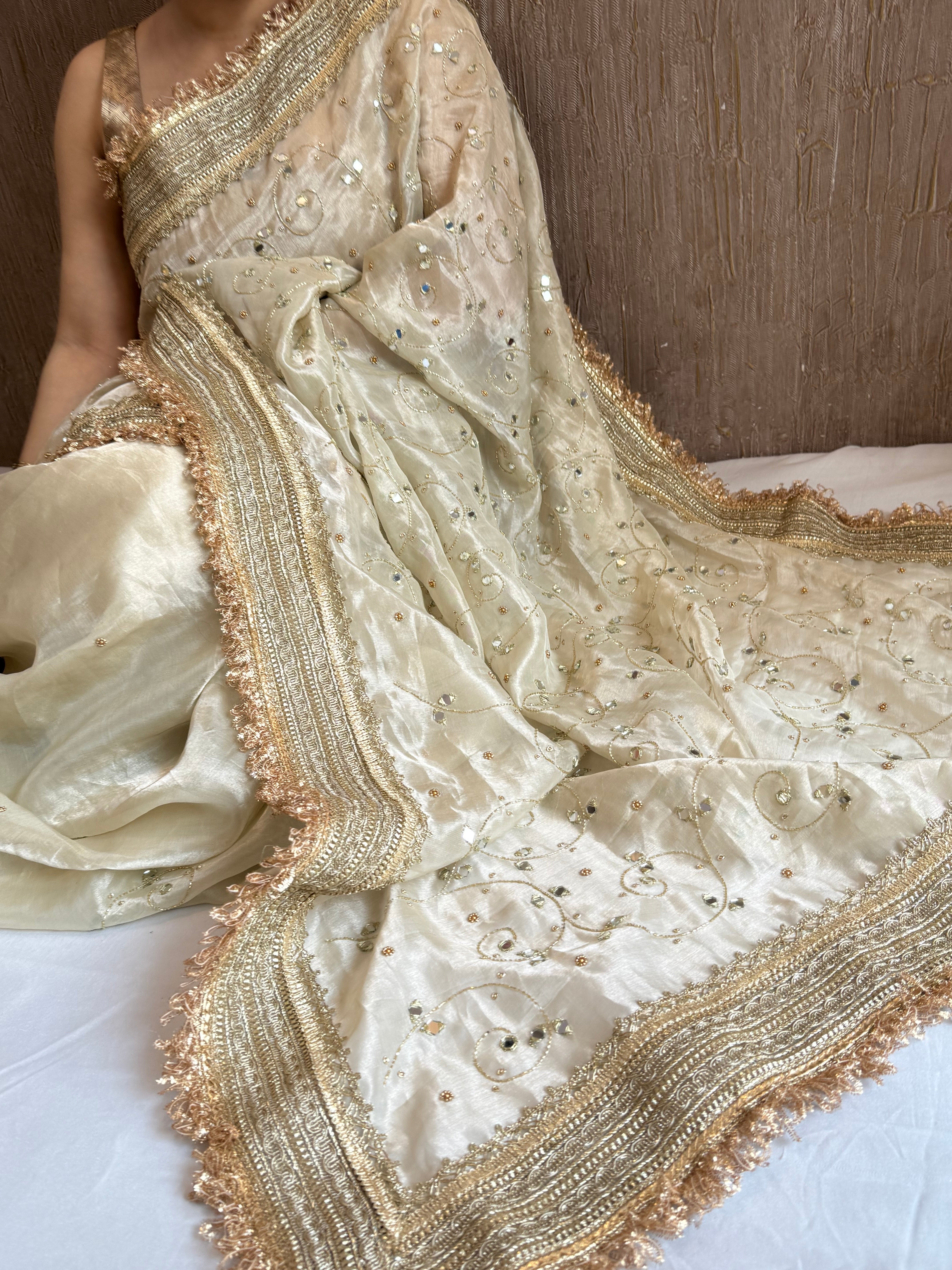 Sheesham edit - Ivory diamond tissue silk mirror work heavy hand embroidered saree