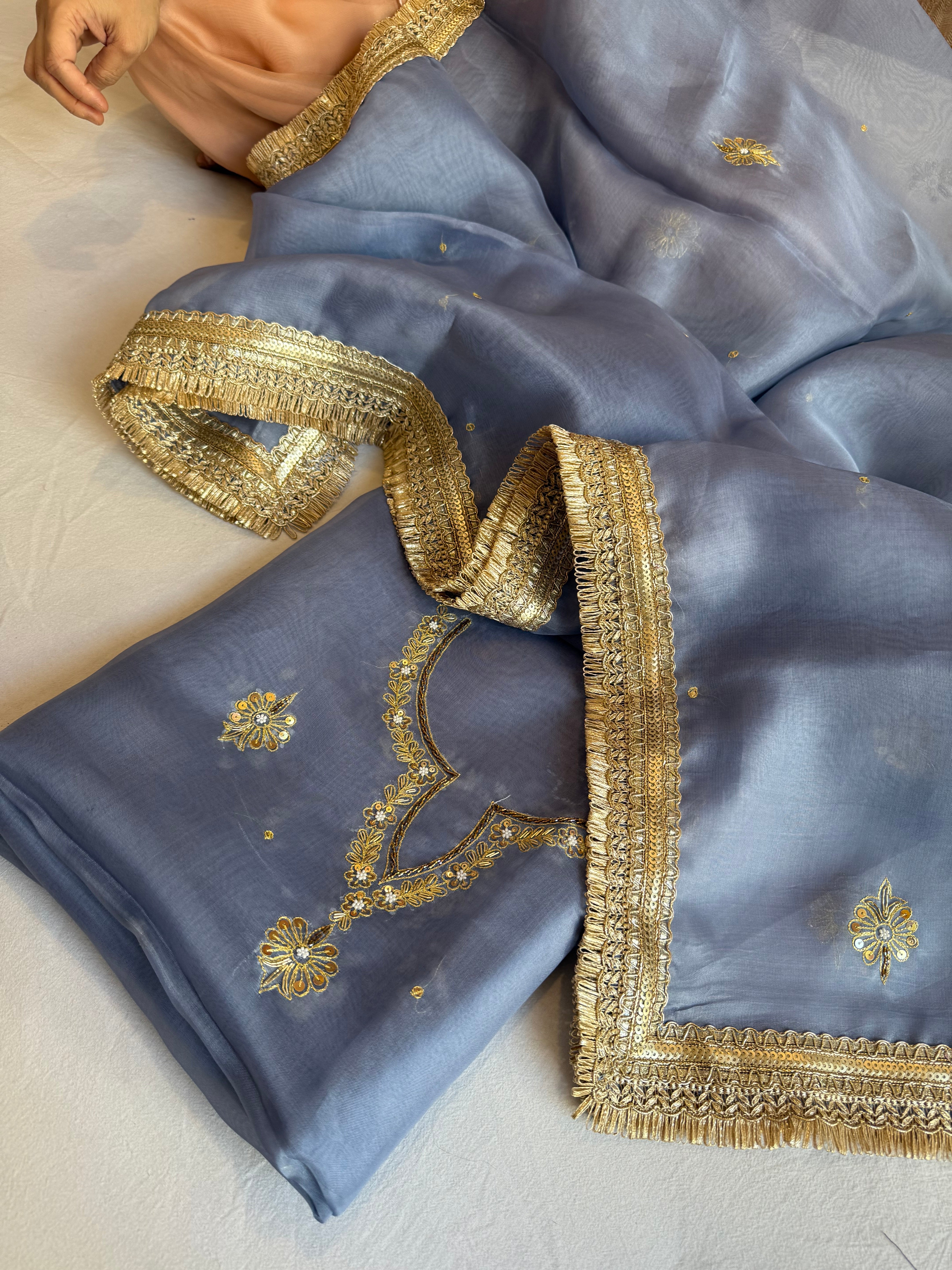 Aari and tilli hand embroidered kora silk marine blue kadhwa suit set