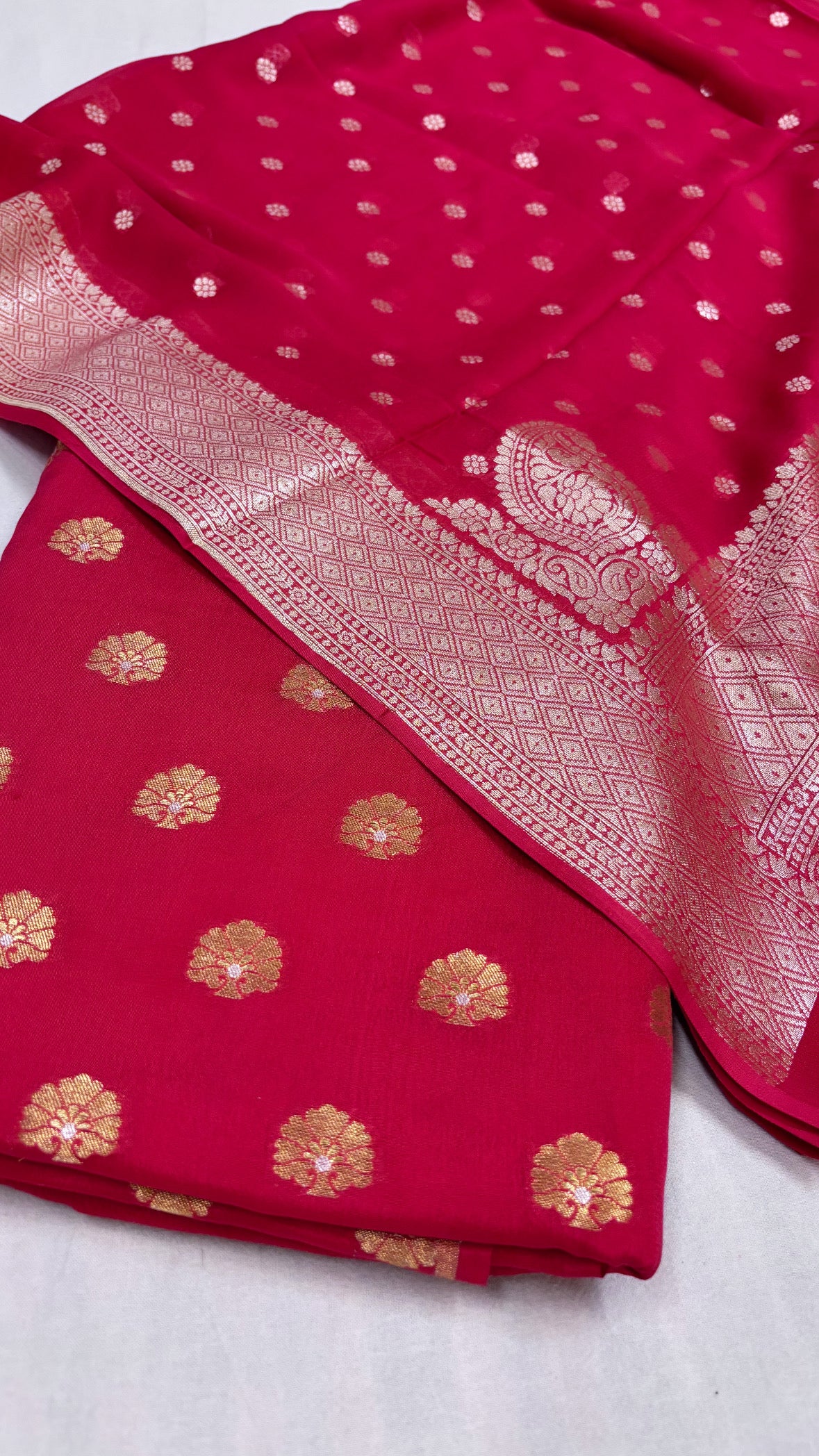 Basic red banarasi gorgette kadhwa suit set