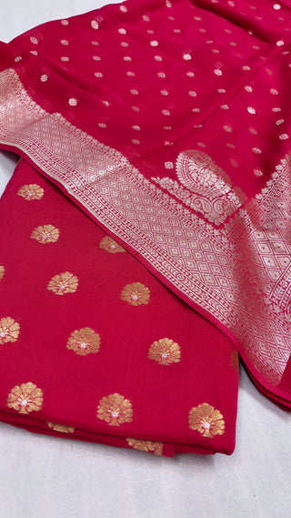 Basic red banarasi gorgette kadhwa suit set