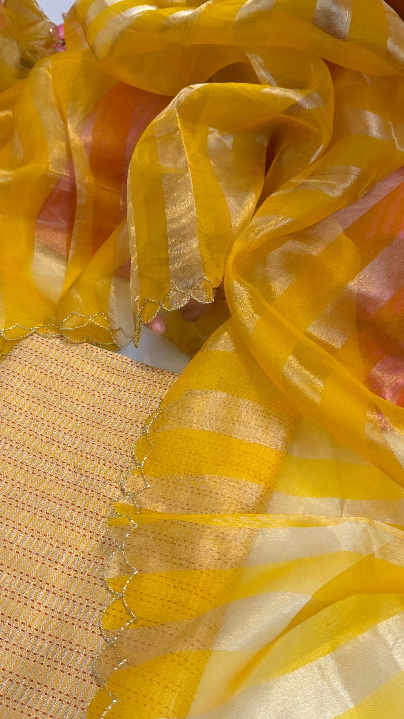 Haldi yellow katan silk brocade kurta paired with kora tissue scalloped striped duppata set