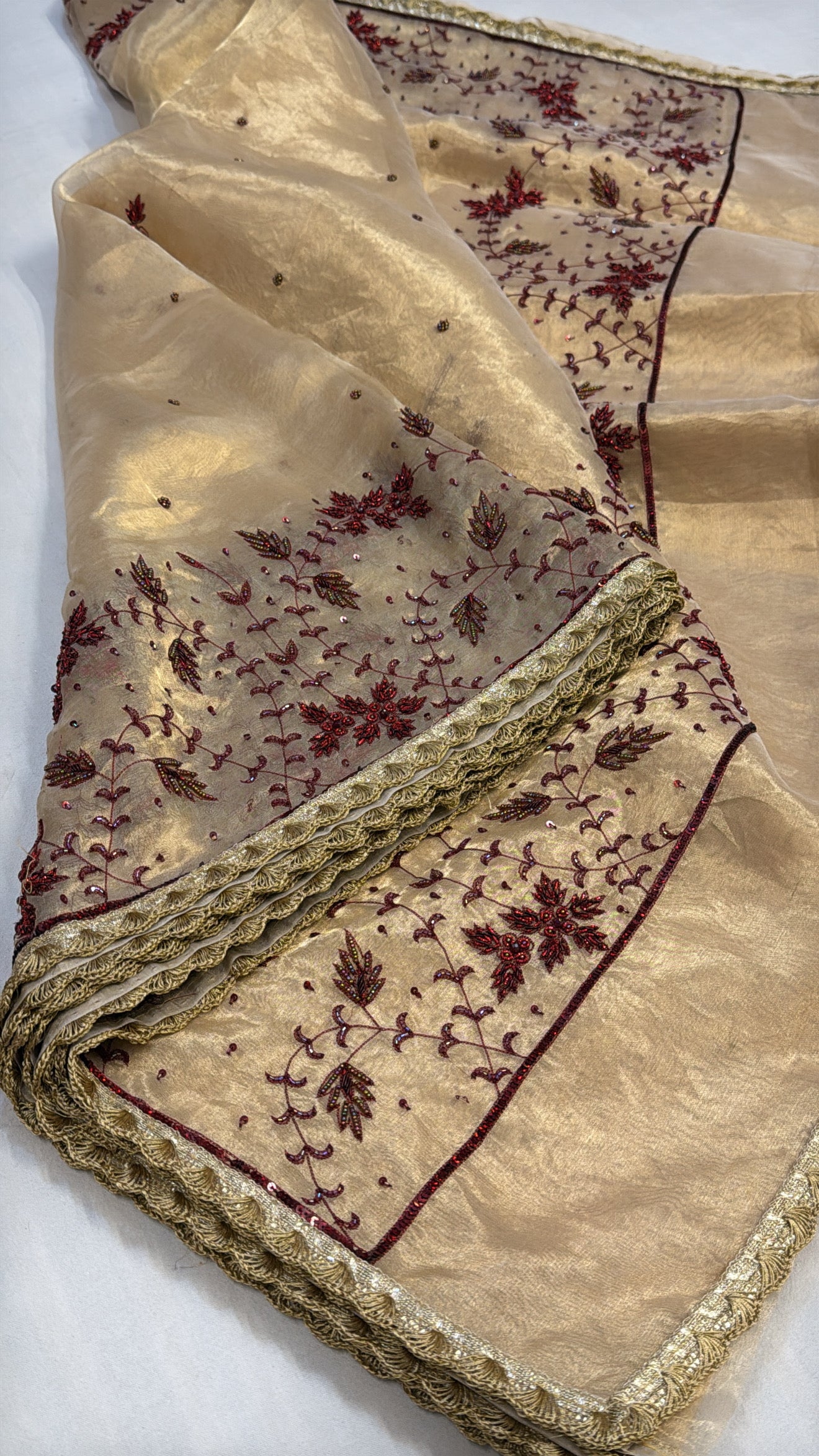 Golden husn tissue silk red meenakari hand embroidered kadhwa saree