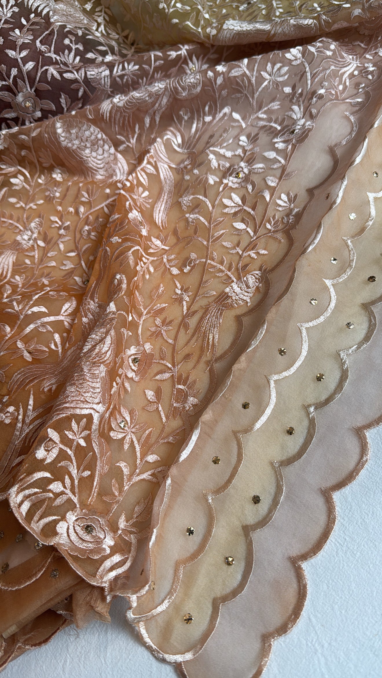 Shades of biscuit gold - Parsi gara kora silk resham and mukaish work hand embroidered suits