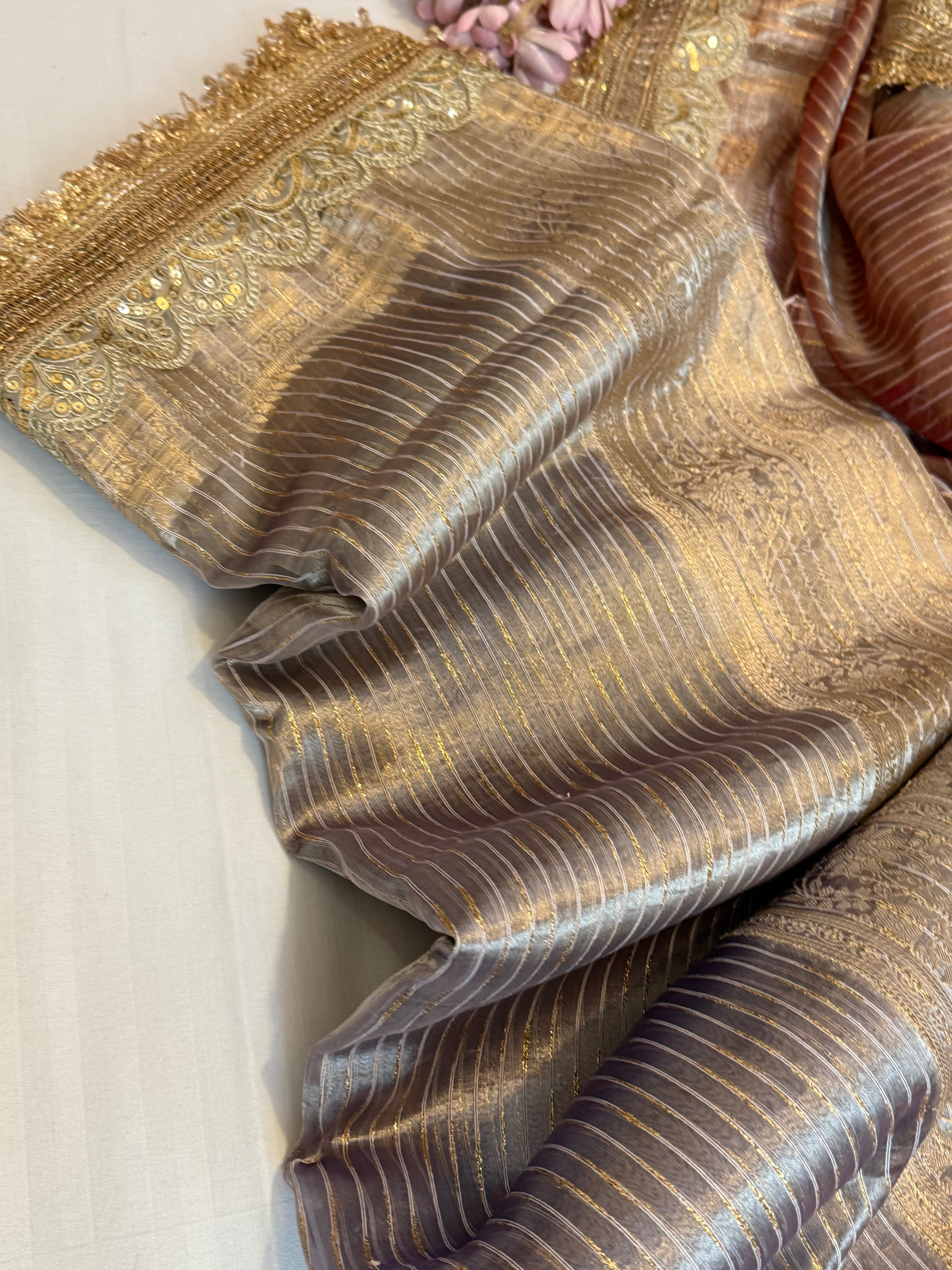 Maharani rang birangi tissue silk zari striped kadhwa saree