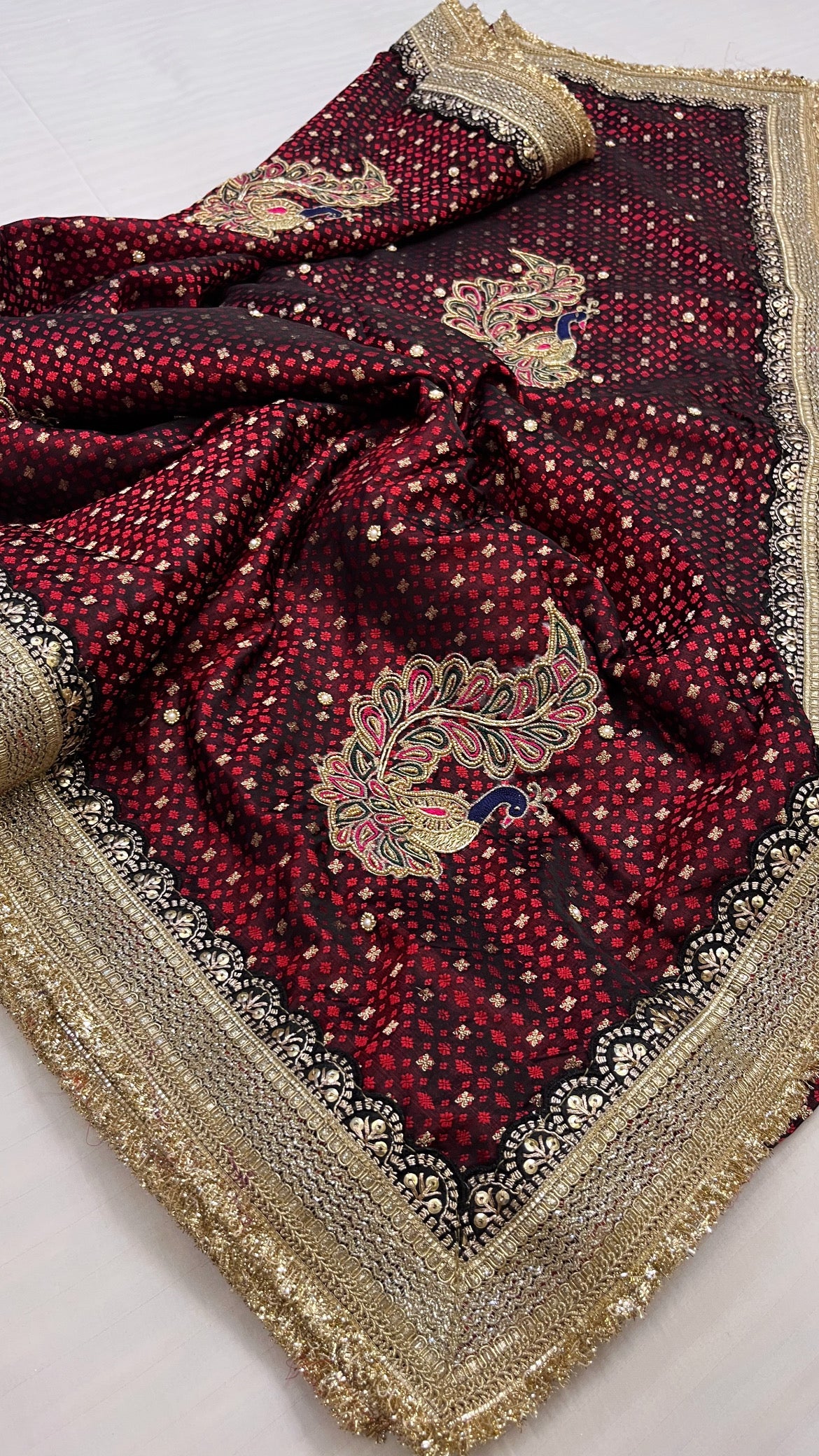 Husn maroon mashru tanchoi silk hand embroidered kadhwa saree