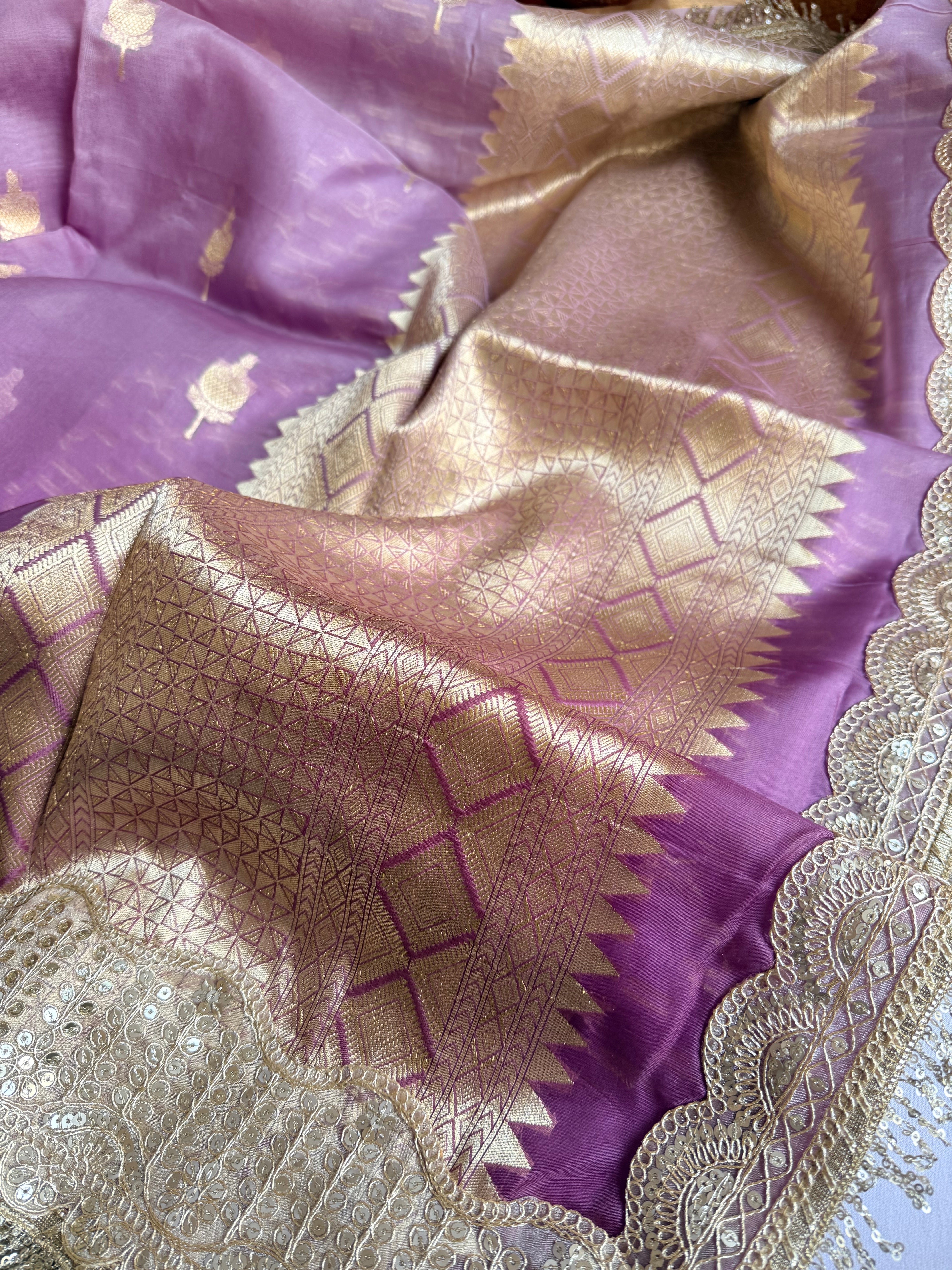 Banarasi ombré lilac kora silk kadhwa gotapatti saree