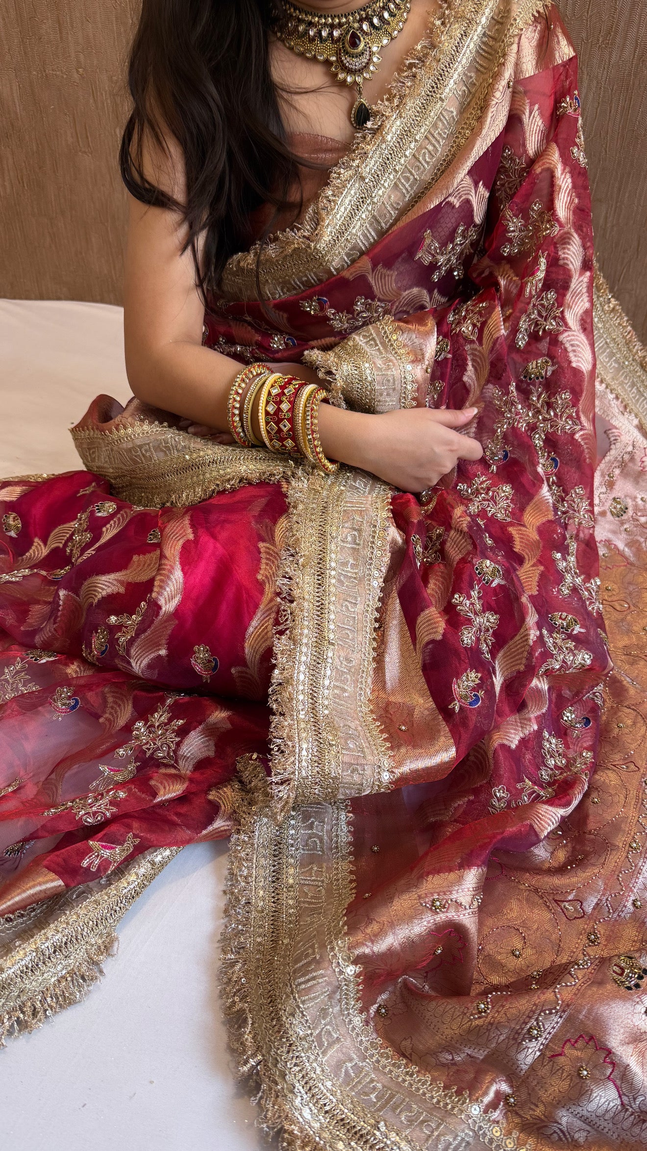 Nayi suhagan edit - Dhup chao cranberry red marodi and zardozi work hand embroidered jaal work saree