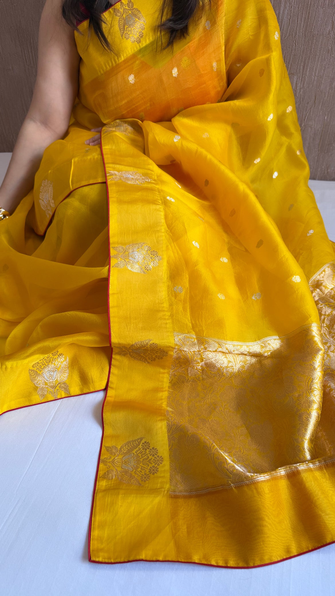 Haldi yellow kora silk banarasi kadhwa border saree