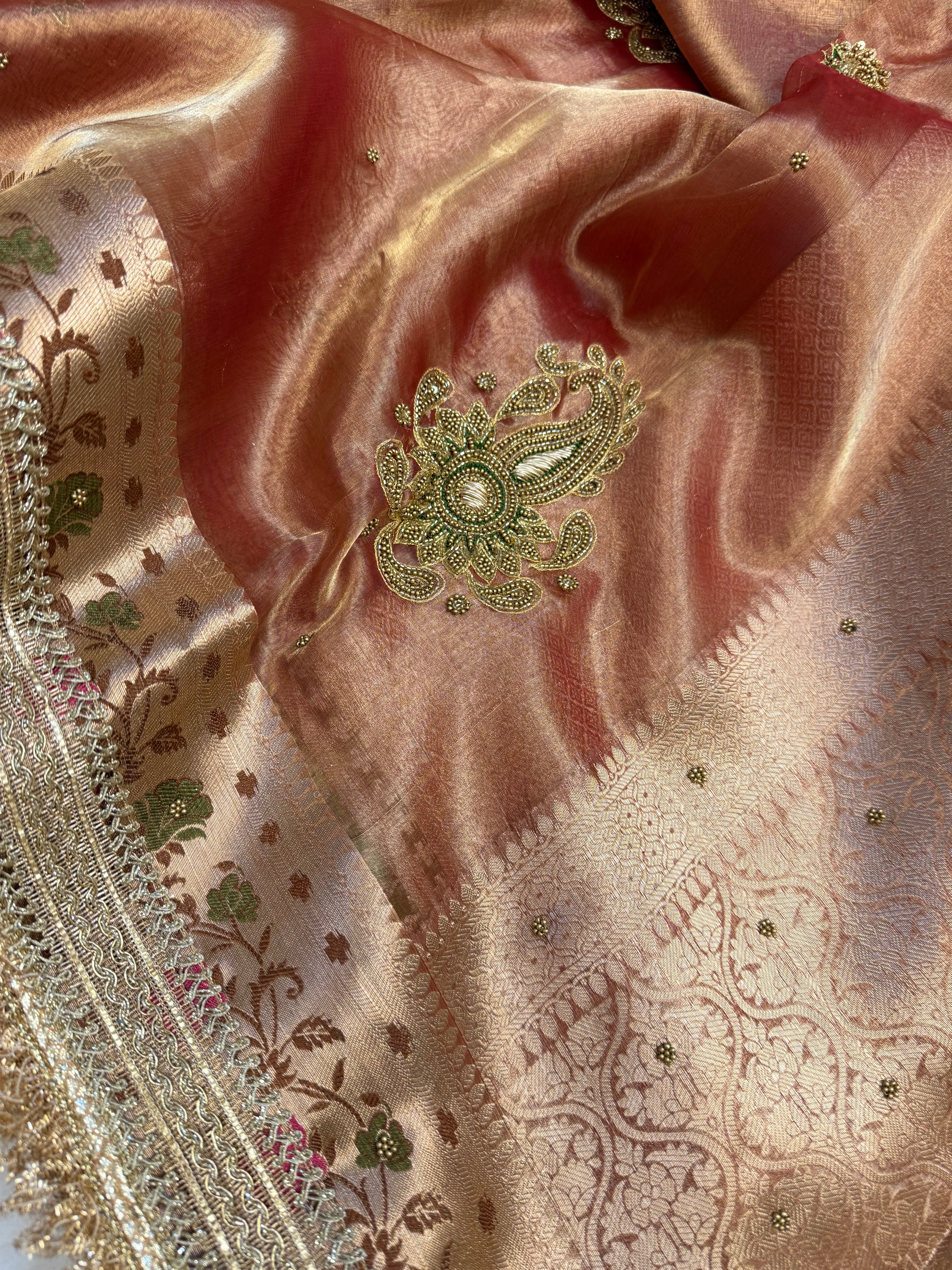 Cocktail edit sarees - Soft reddish orange tissue silk hand embroidered saree