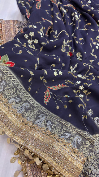 Midnight blue heer gorgette hand embroidered saree