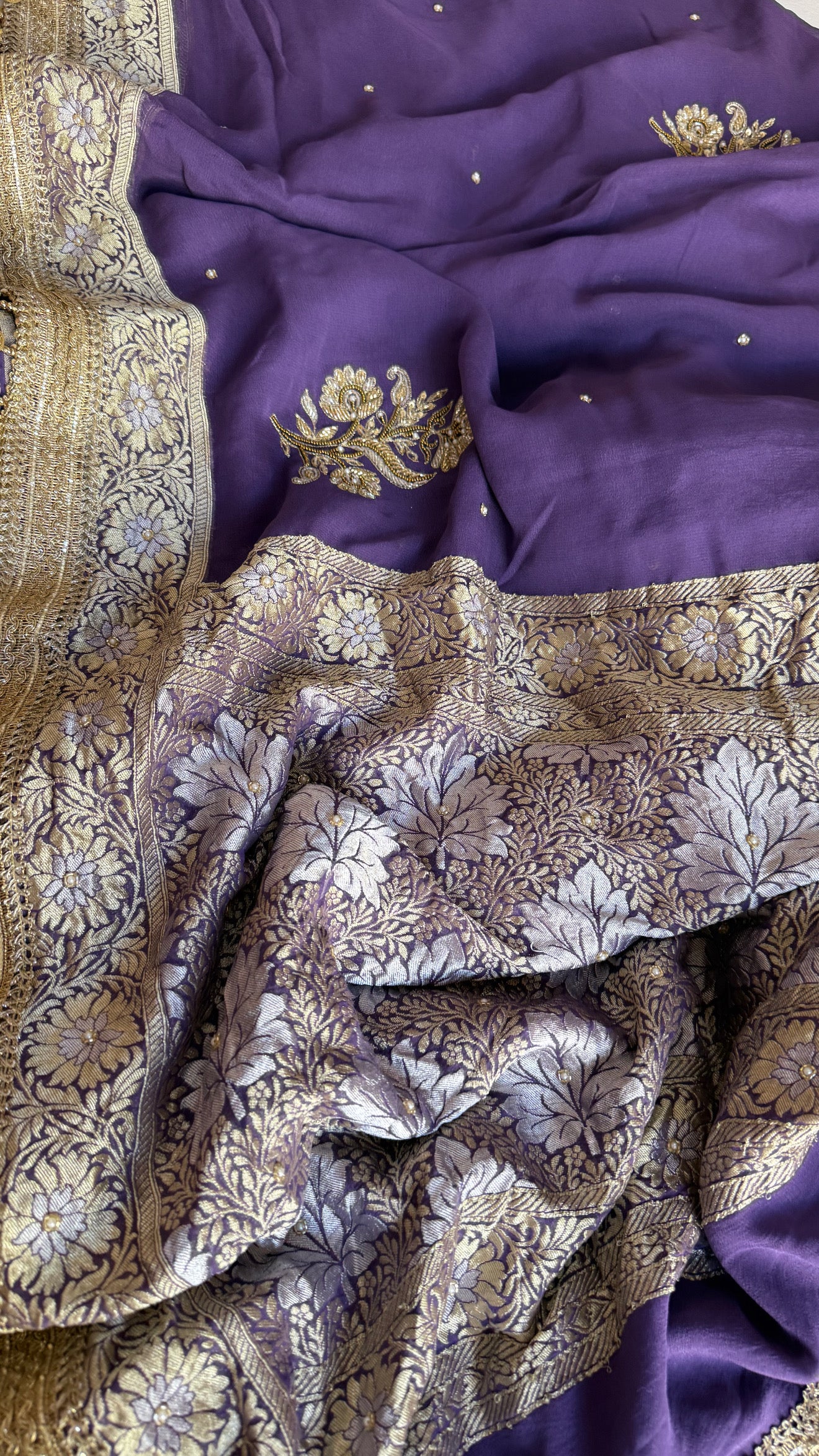 Dusty lavender gorgette banarasi kadhwa hand embroidered saree