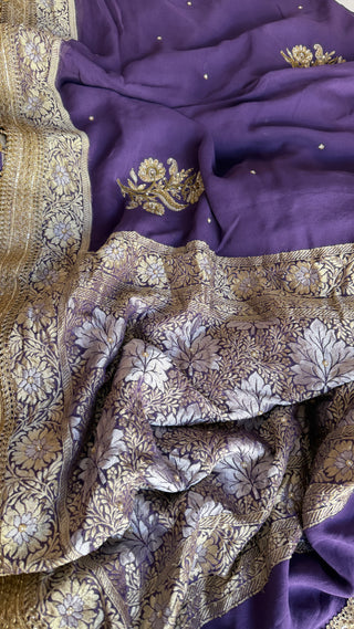 Dusty lavender gorgette banarasi kadhwa hand embroidered saree