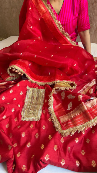 Deep red kora silk kadhwa buti gotapatti suit set