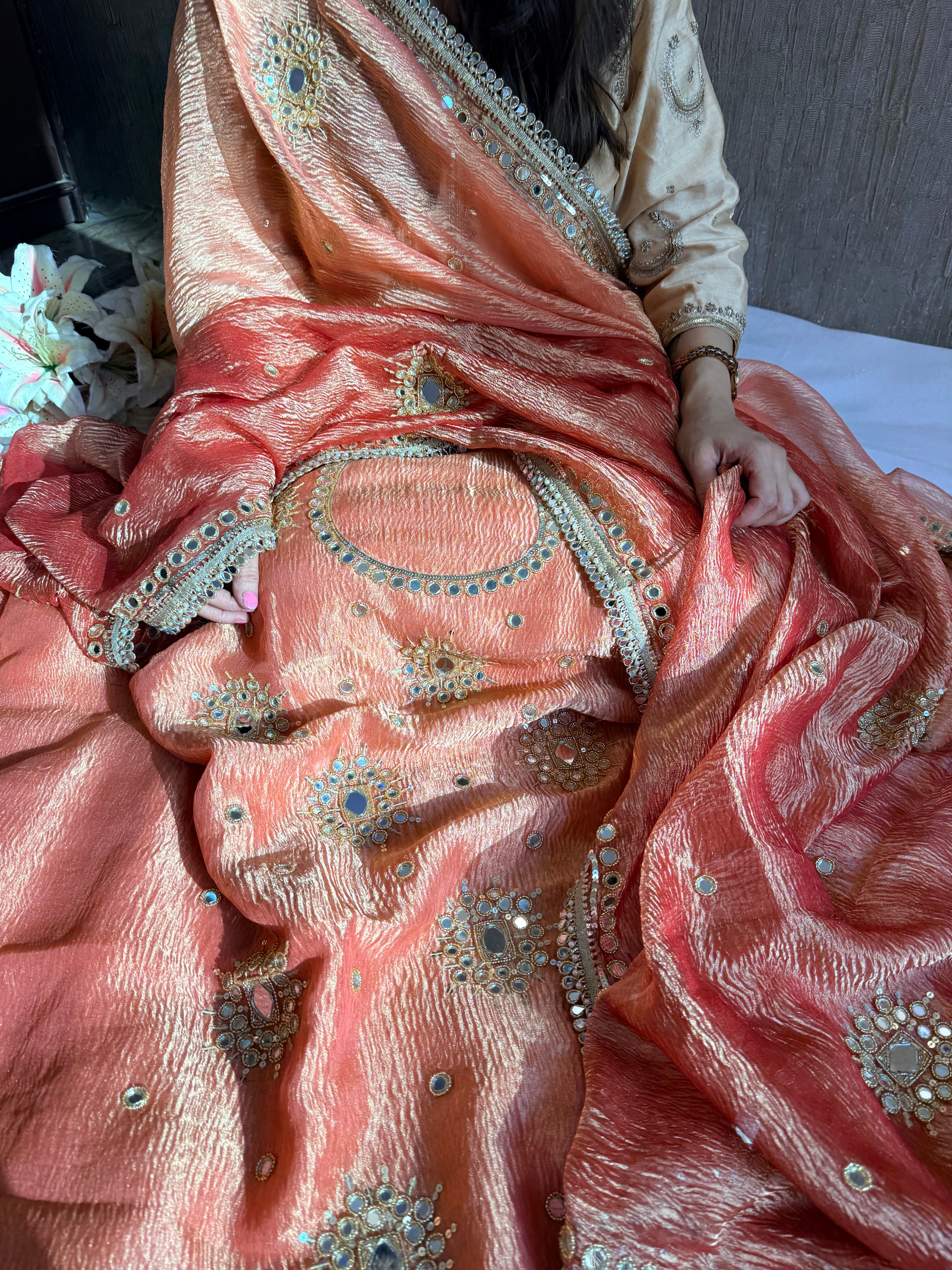 Banarasi tissue silk mirrorwork hand embroidered crushed suit sets