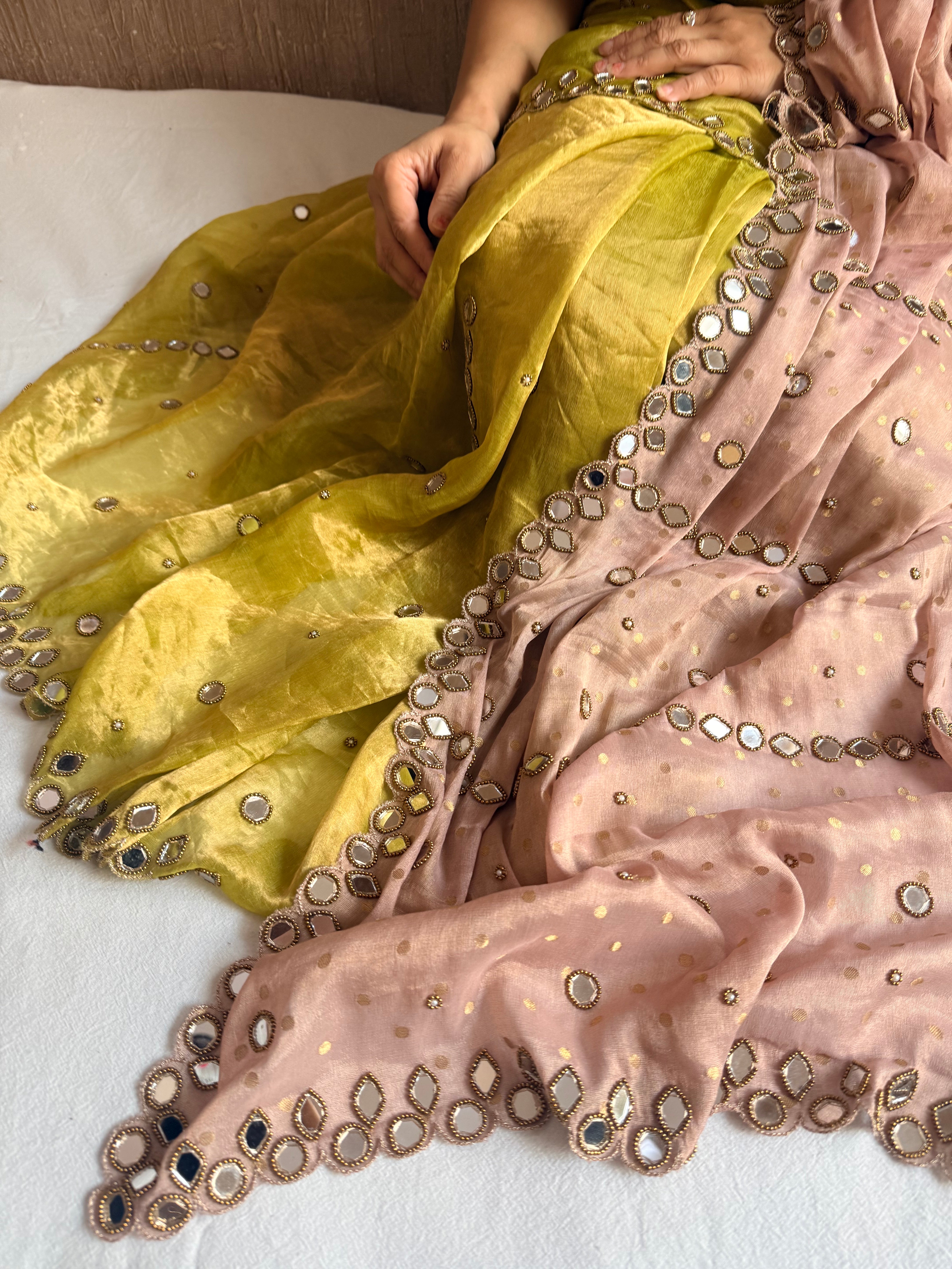 Tyohaar edit - Chiffon tissue gorgette mirrorwork half-half kafhwa buti saree