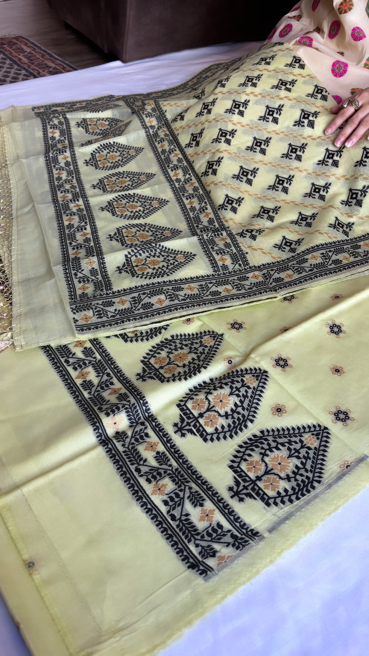 Banarasi lime yellow cotton resham meenedar suit set