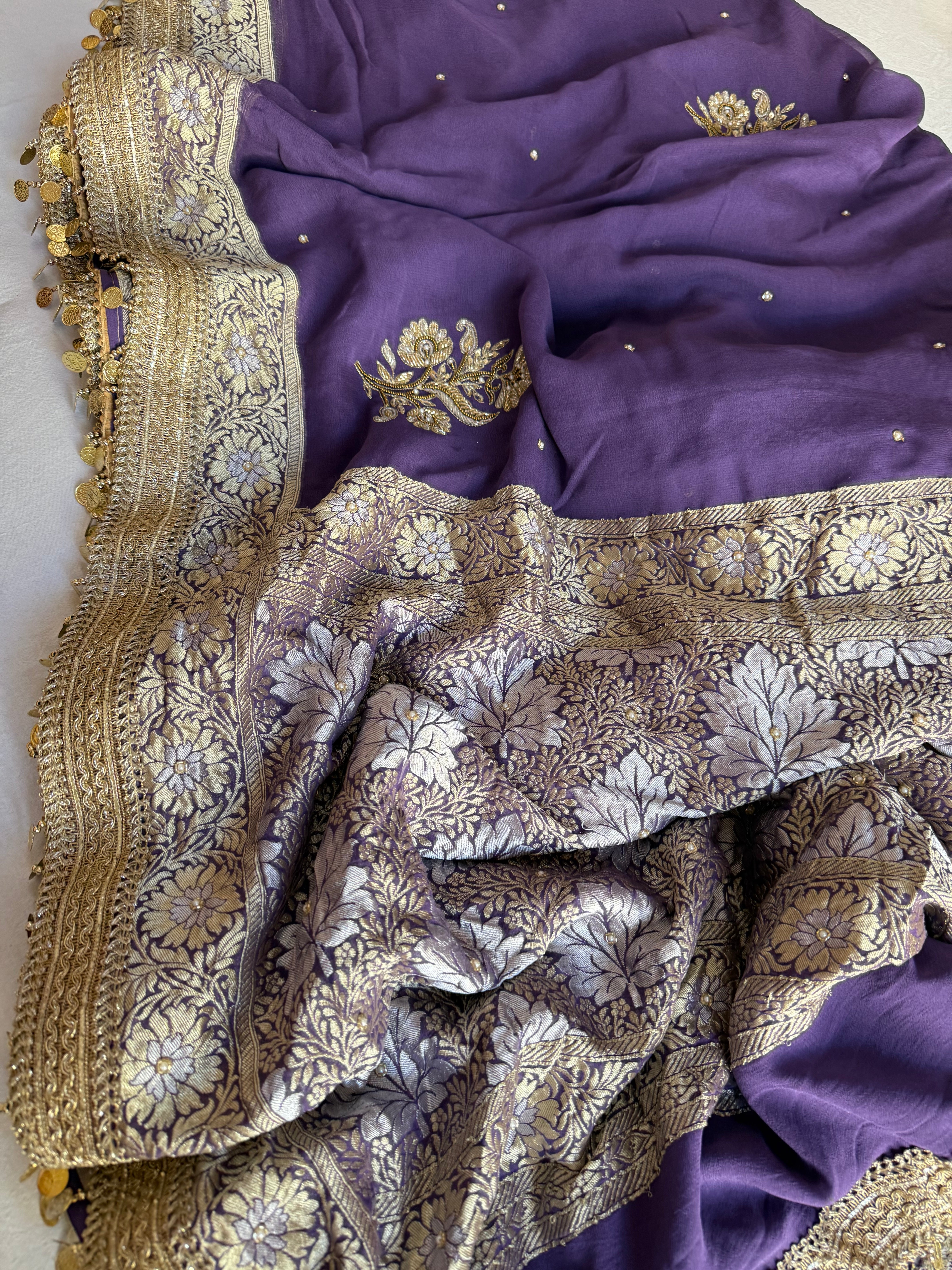 Dusty lavender gorgette banarasi kadhwa hand embroidered saree