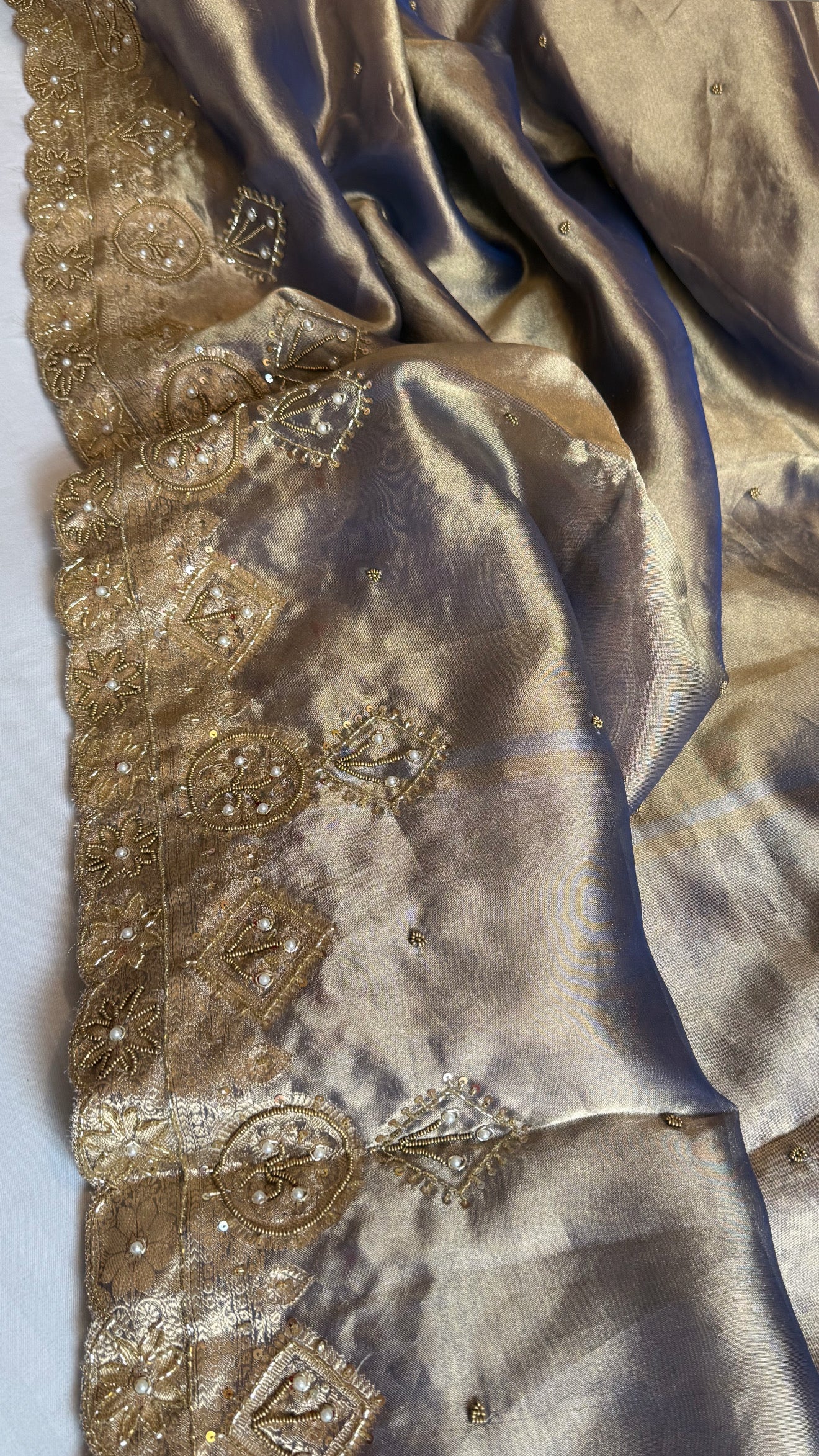 Husn persian blue tissue silk heavy hand embroidered zardozi saree