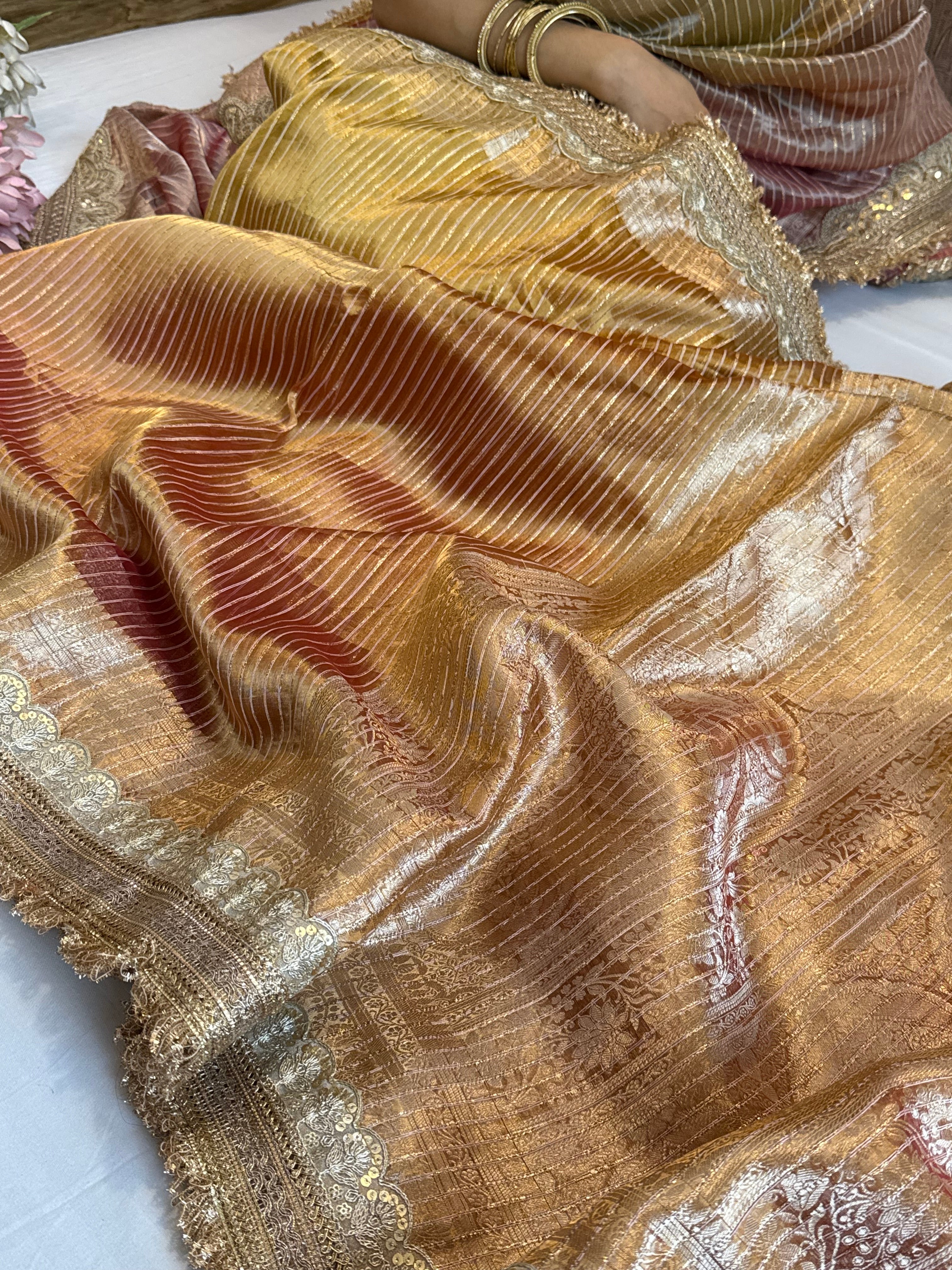Maharani rang birangi tissue silk zari striped kadhwa saree
