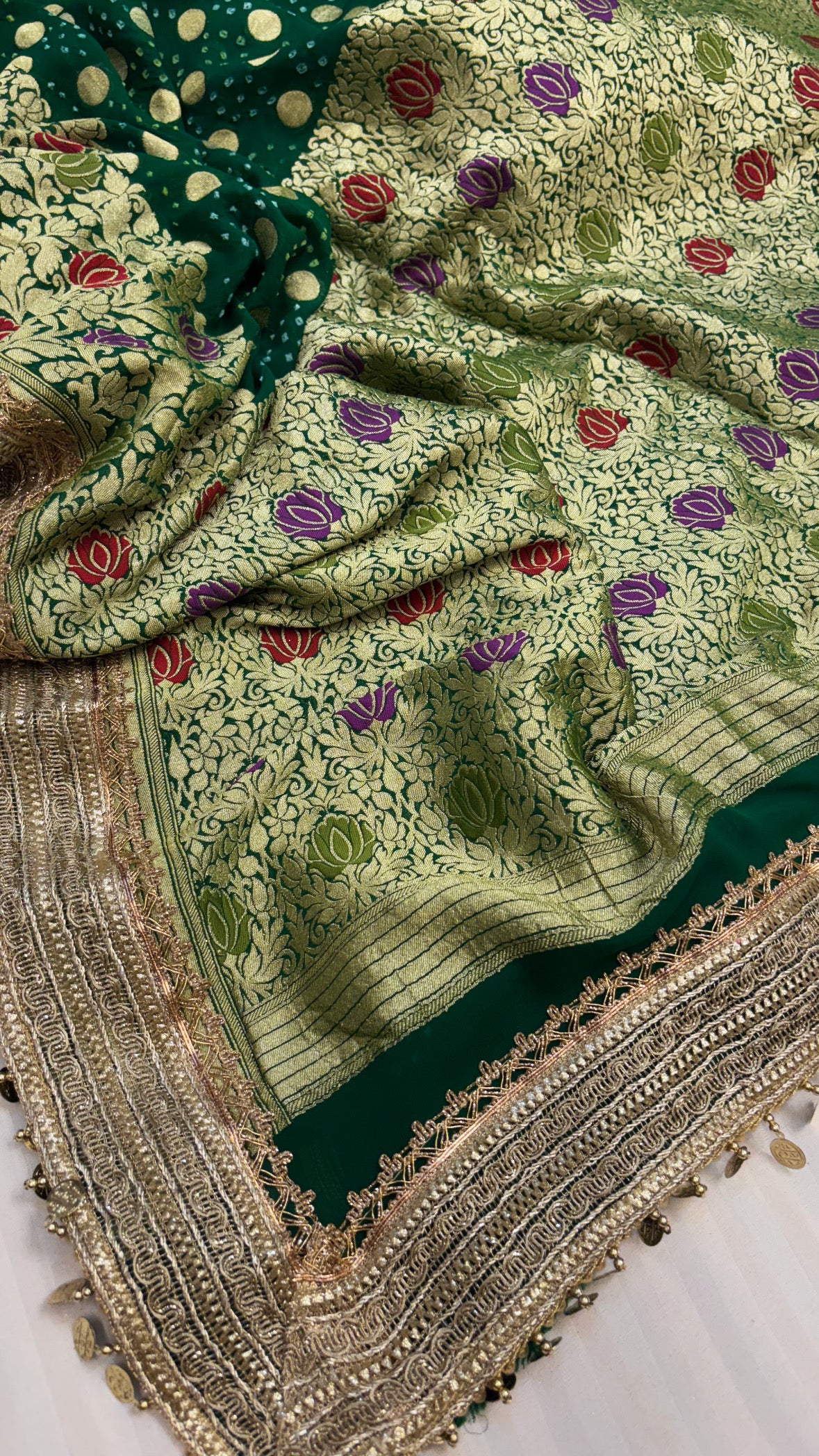 Heer mehendi green bandhej gorgette gotapatti kadhwa saree