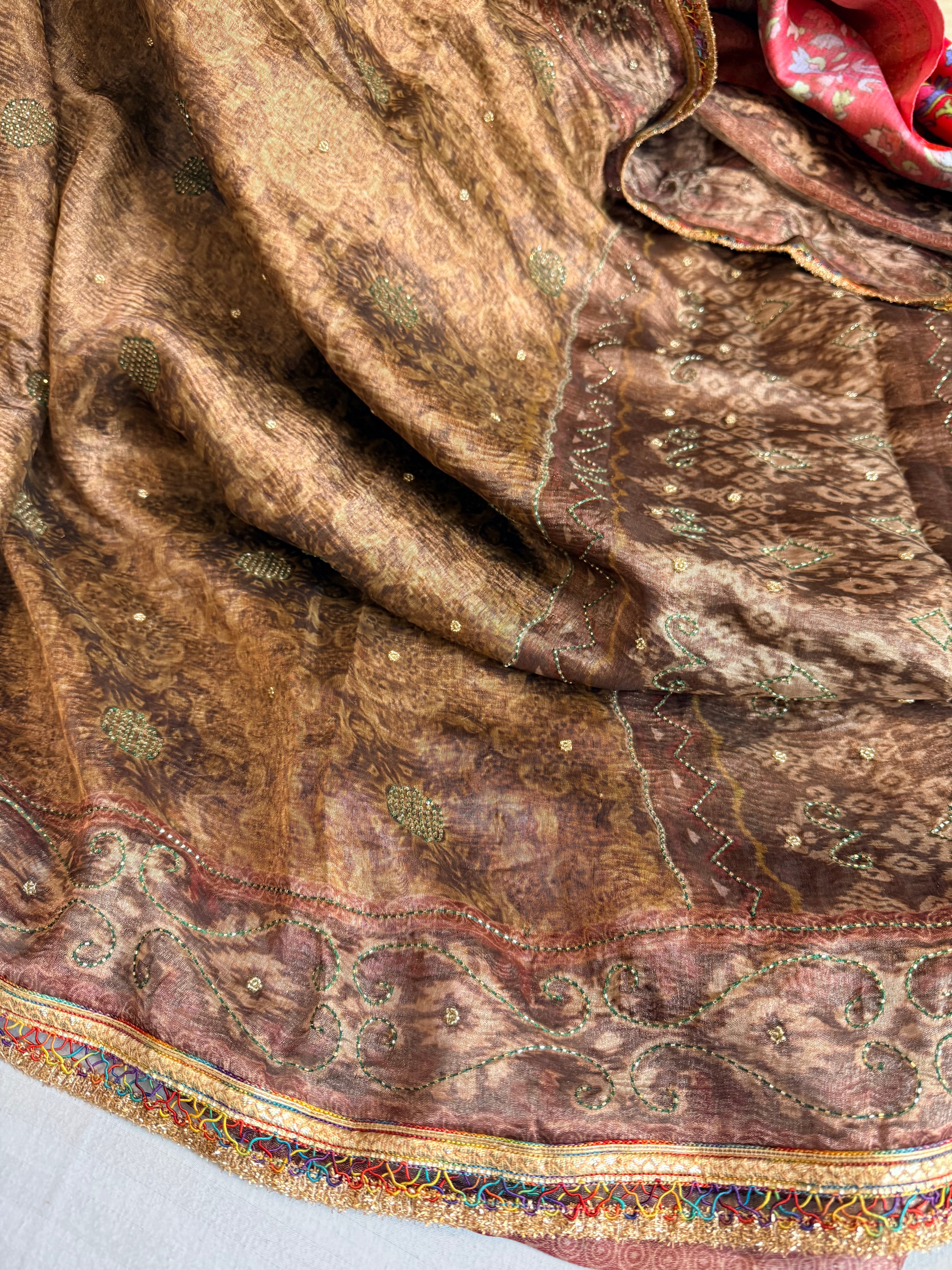 Printed tissue silk hand embroidered kadhwa gotapatti saree