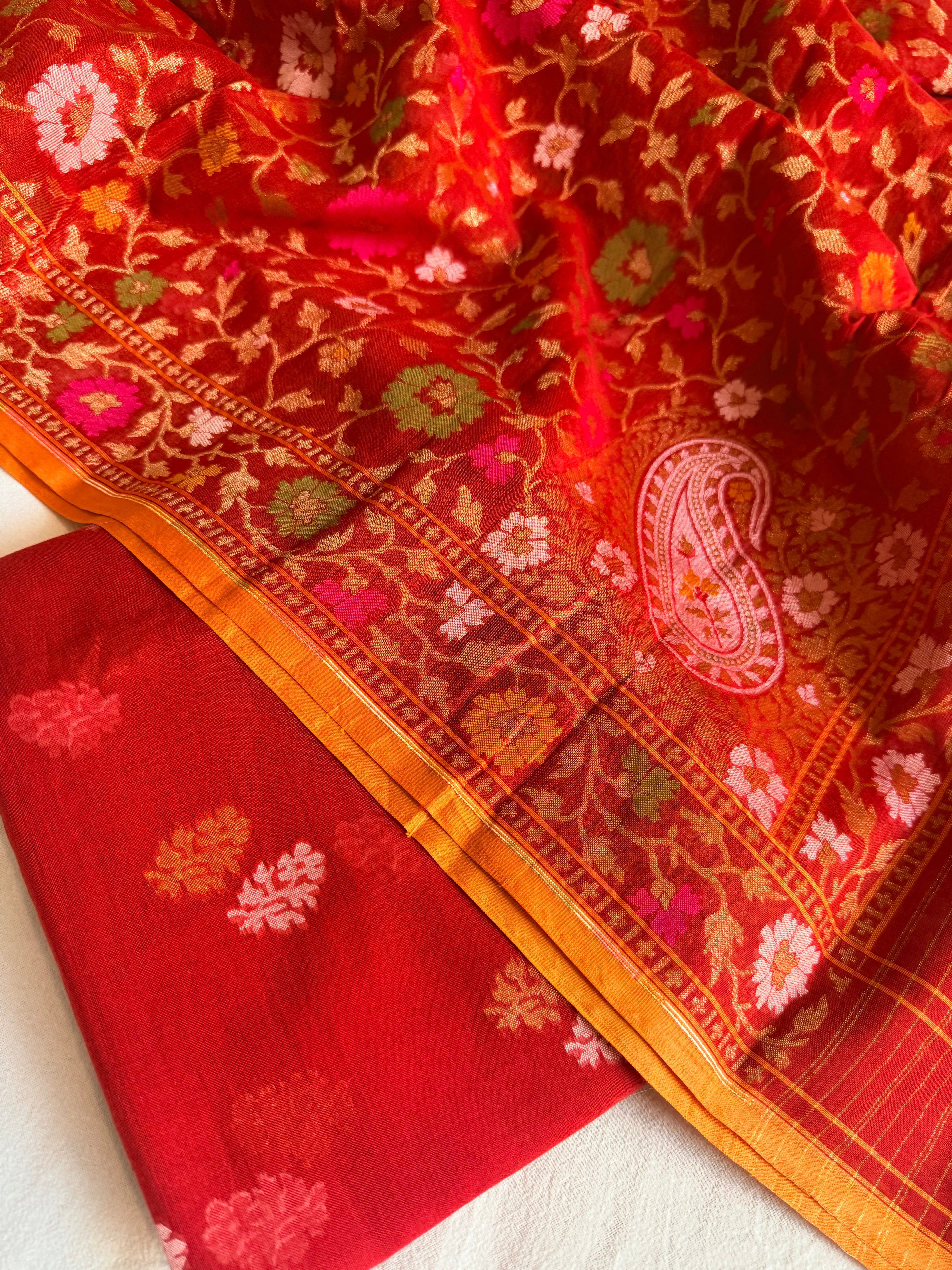 Banarasi iktara jamdani blood red sona rupa kadhwa suit set
