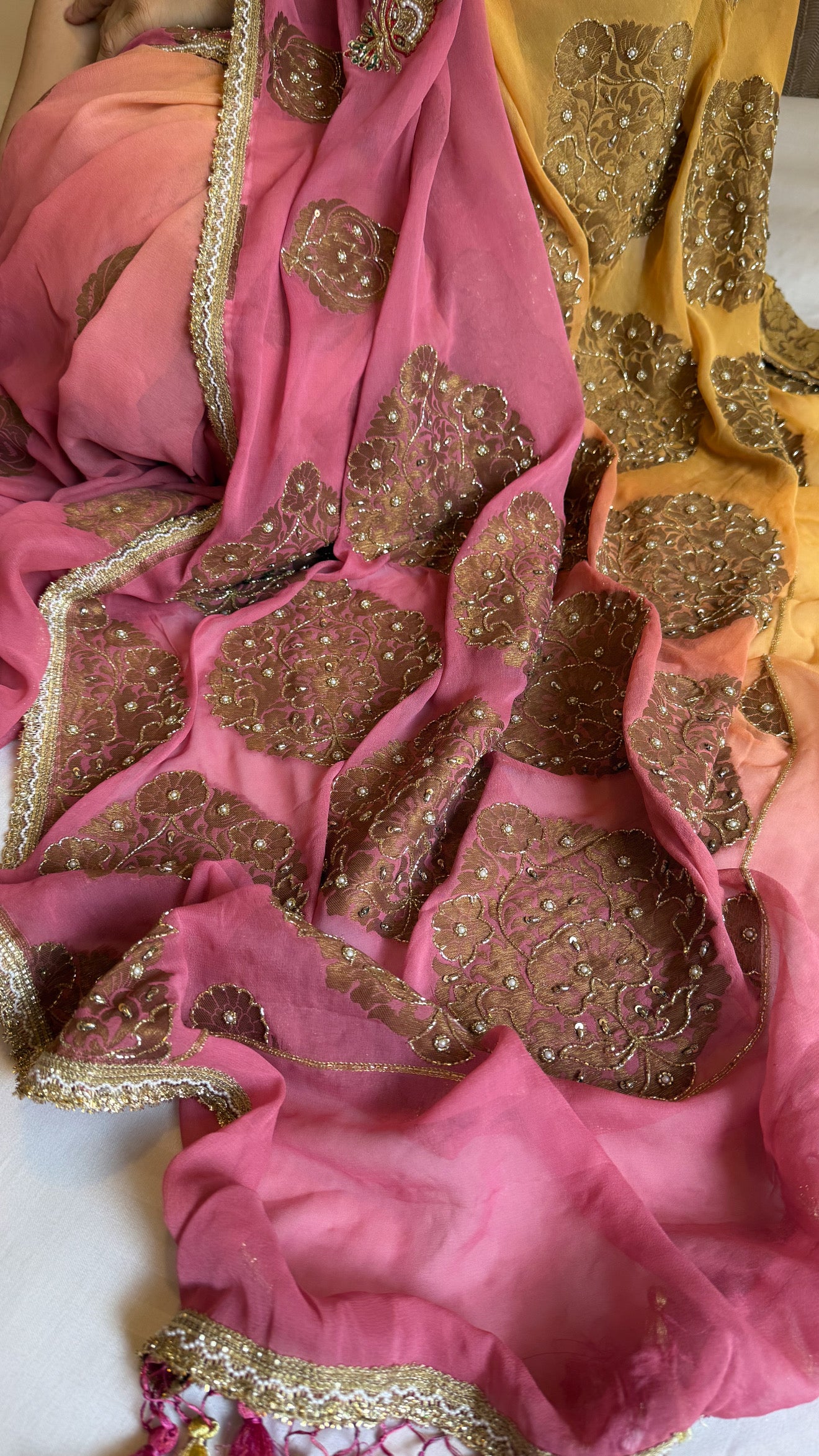 Haldi yellow and pink gorgette banarasi hand embroidered antique zari kadhwa saree