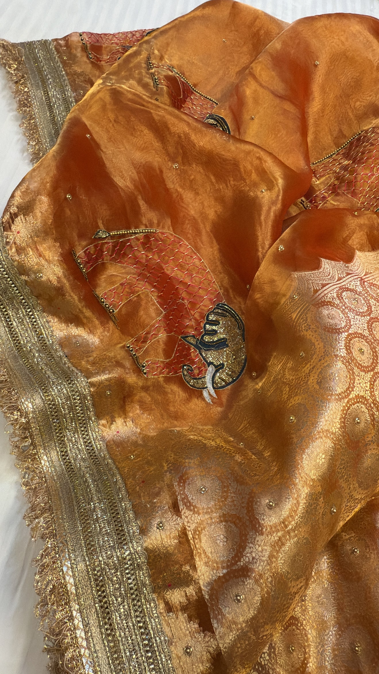 Gajri red elephant meenakari motif tissue silk heavy hand embroidered saree