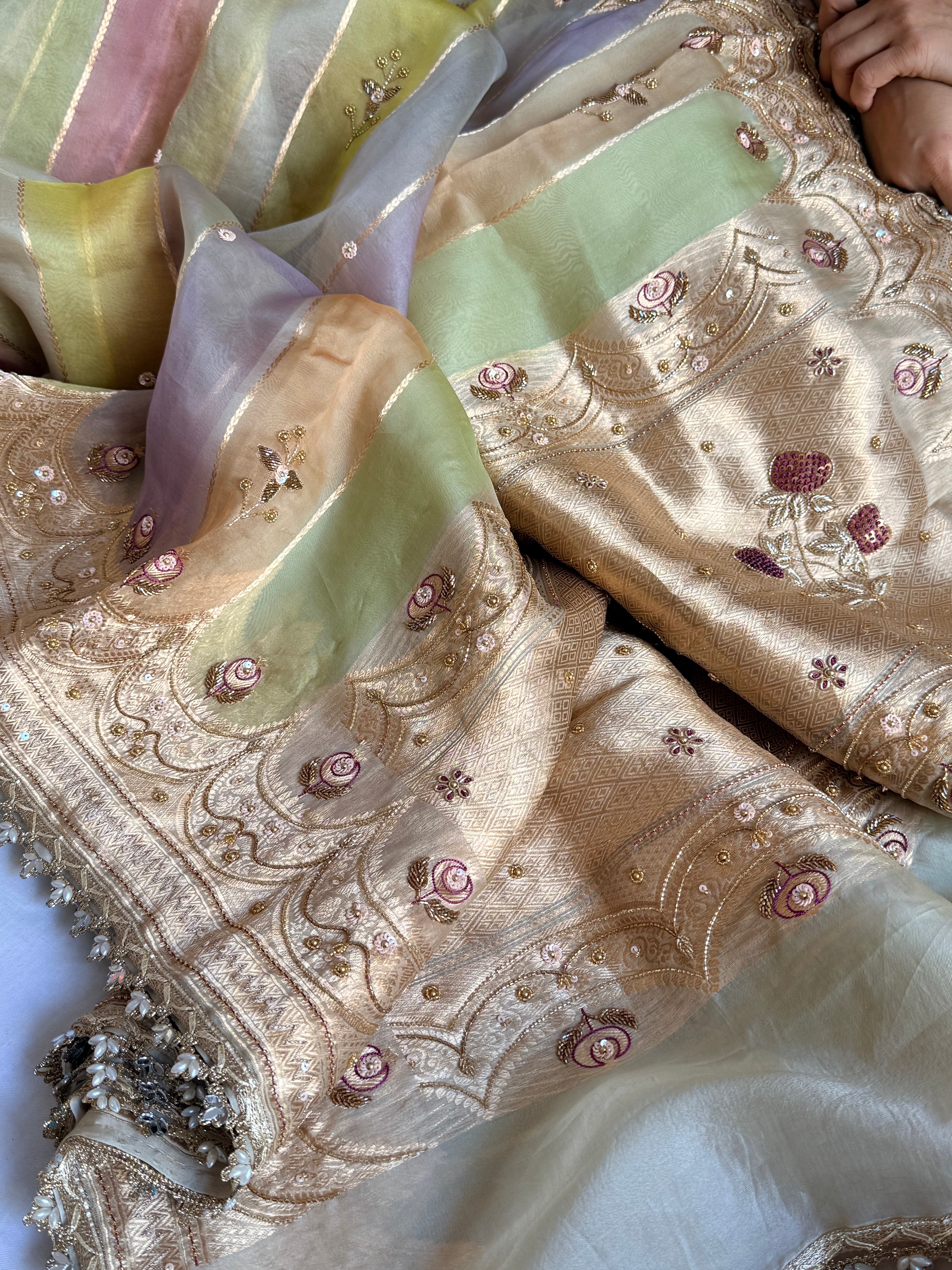 Rang birangi edit - striped kora silk hand embroidered rangkaat saree