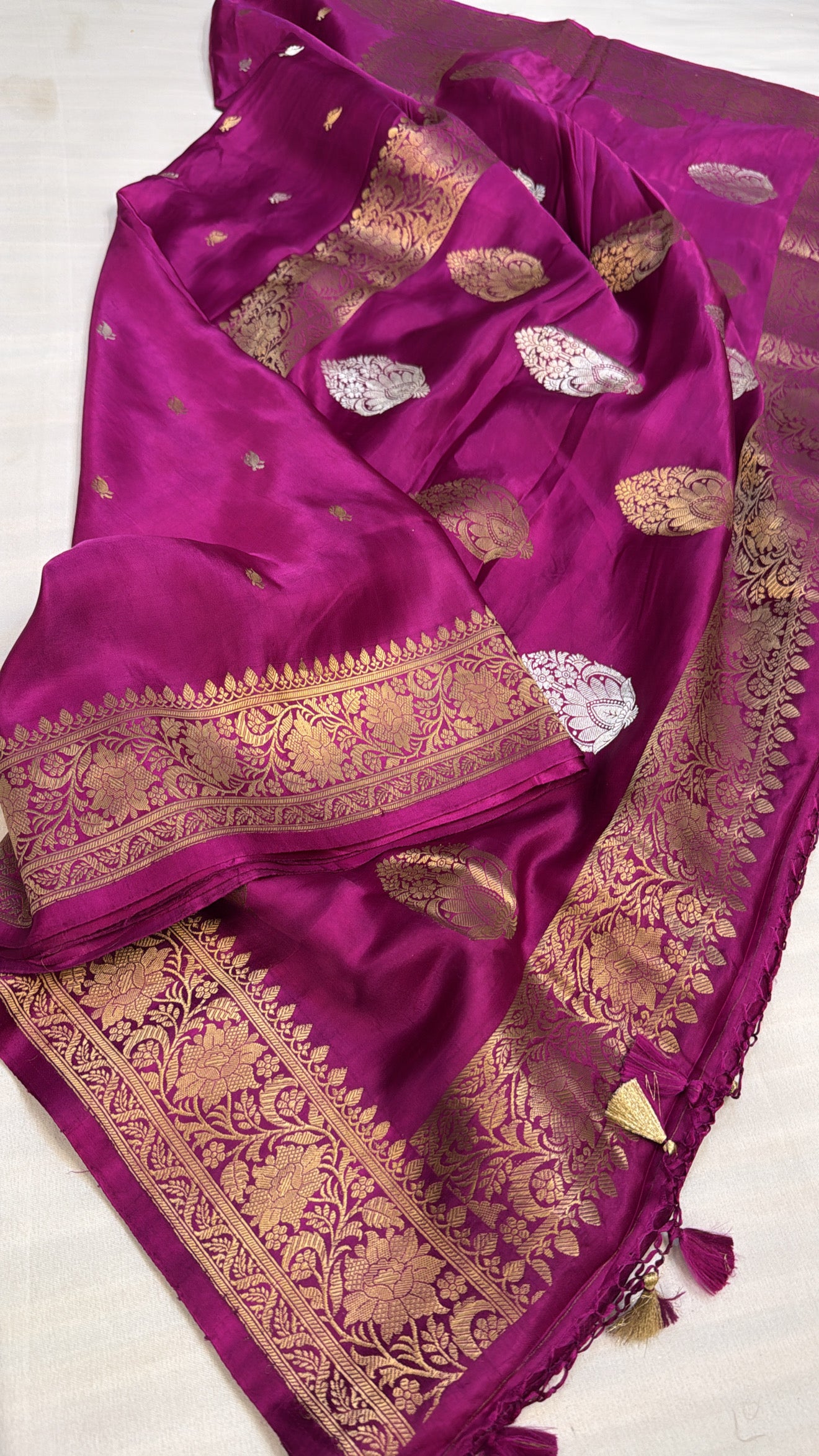 Mashru satin silk rani pink banarasi saree