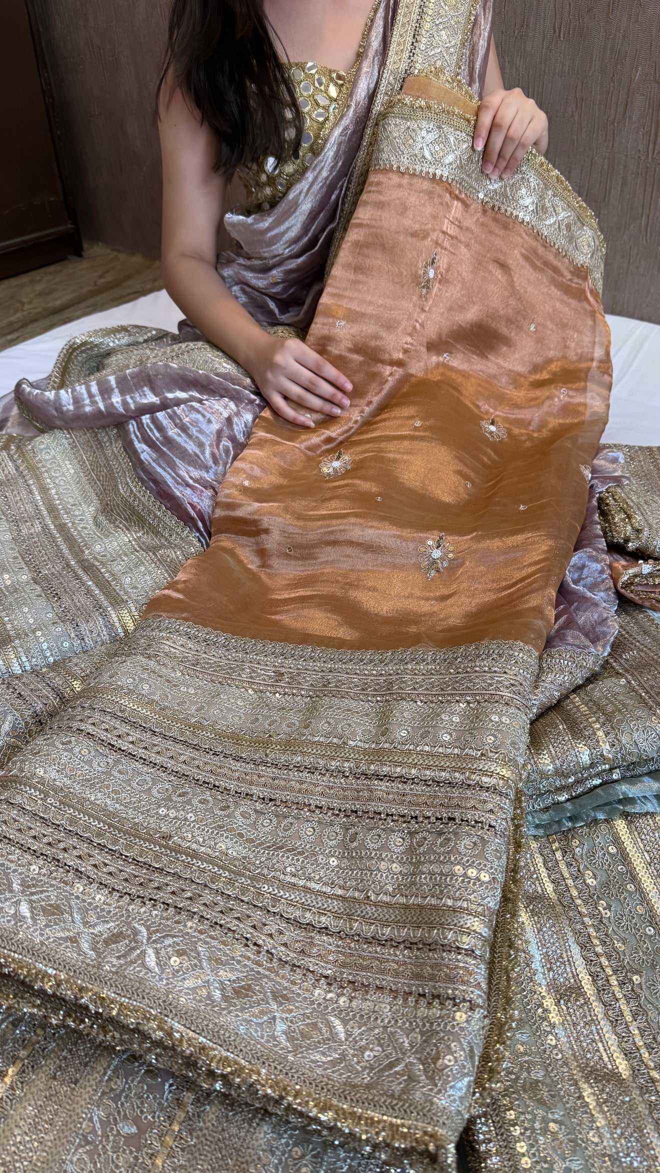 Lehenga style saree edit- Mud brown diamond tissue silk tilli work heavy gotapatti skirt border saree