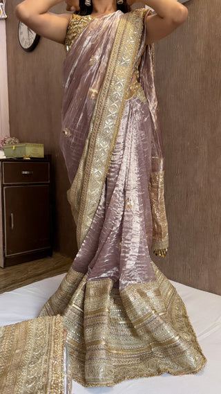 Lehenga style saree edit - Dusty pink diamond tissue silk tilli work hand embroidered gotapatti skirt border saree