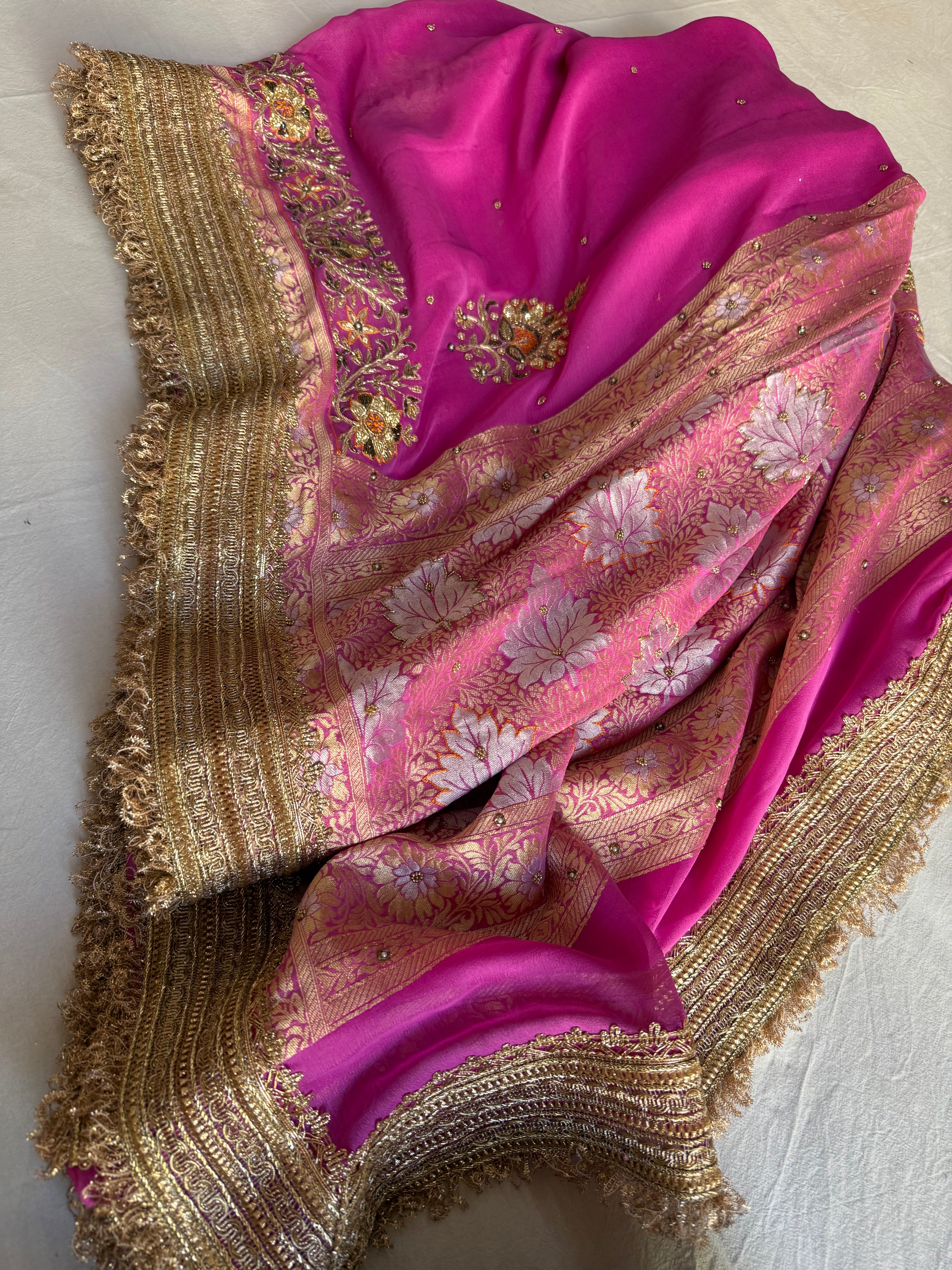 Hot pink gorgette kadhwa hand embroidered sona rupa saree