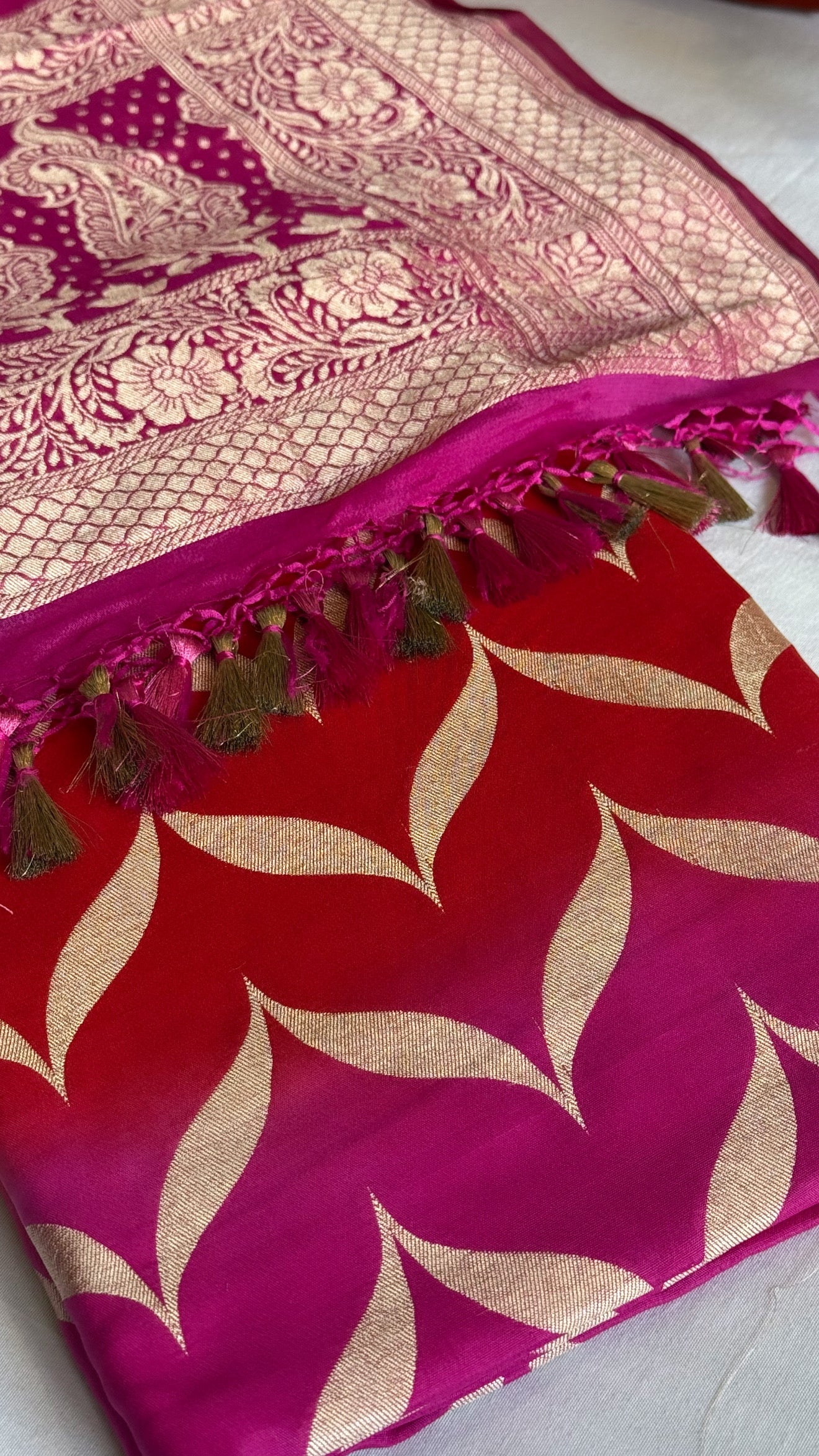 Red-rani ombre shaded chiniya silk kadhwa kurta paired with chiffon gorgette duppata set