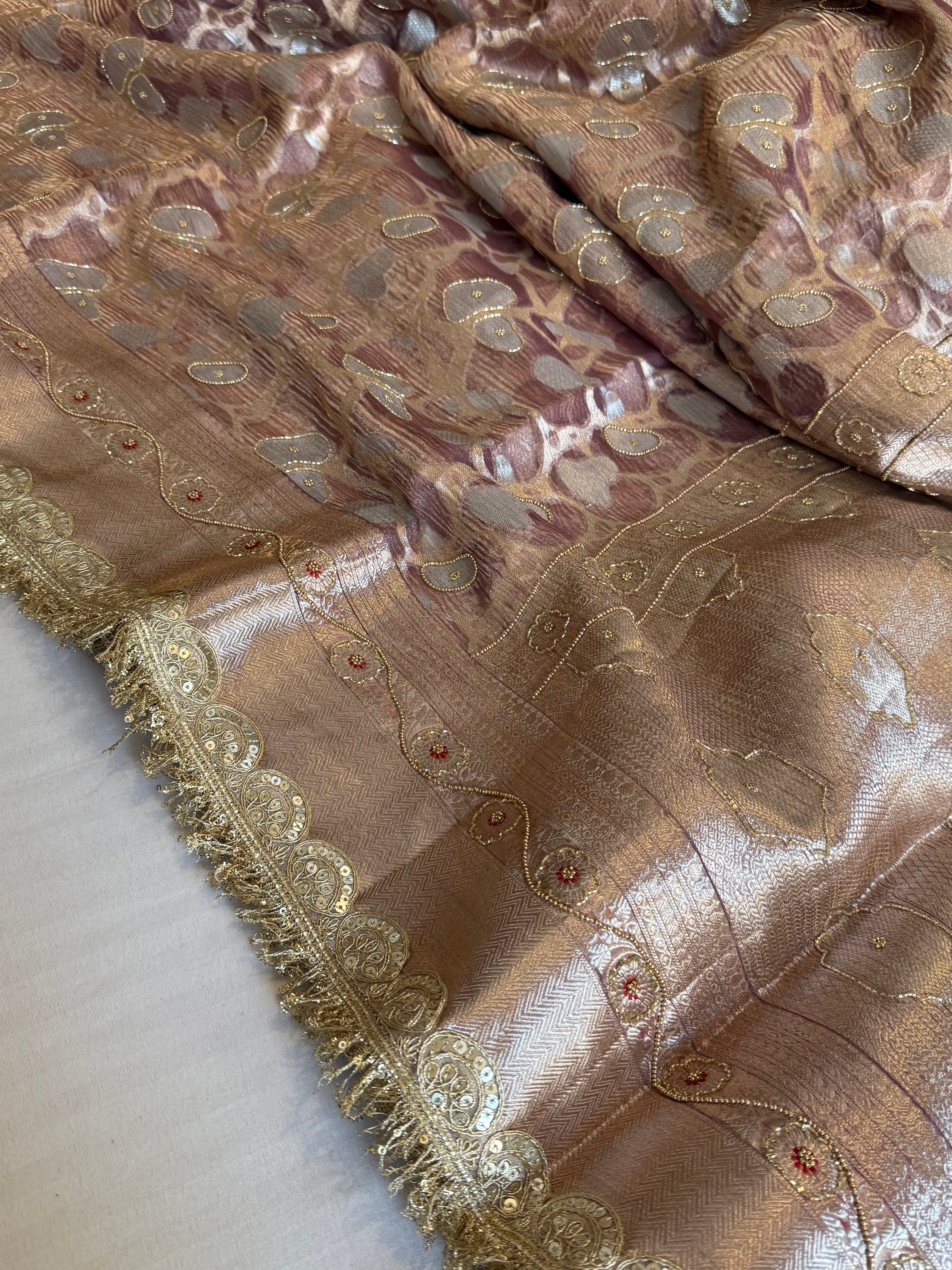 Mehfil sona rupa crushed tissue silk hand embroidered kadhwa saree