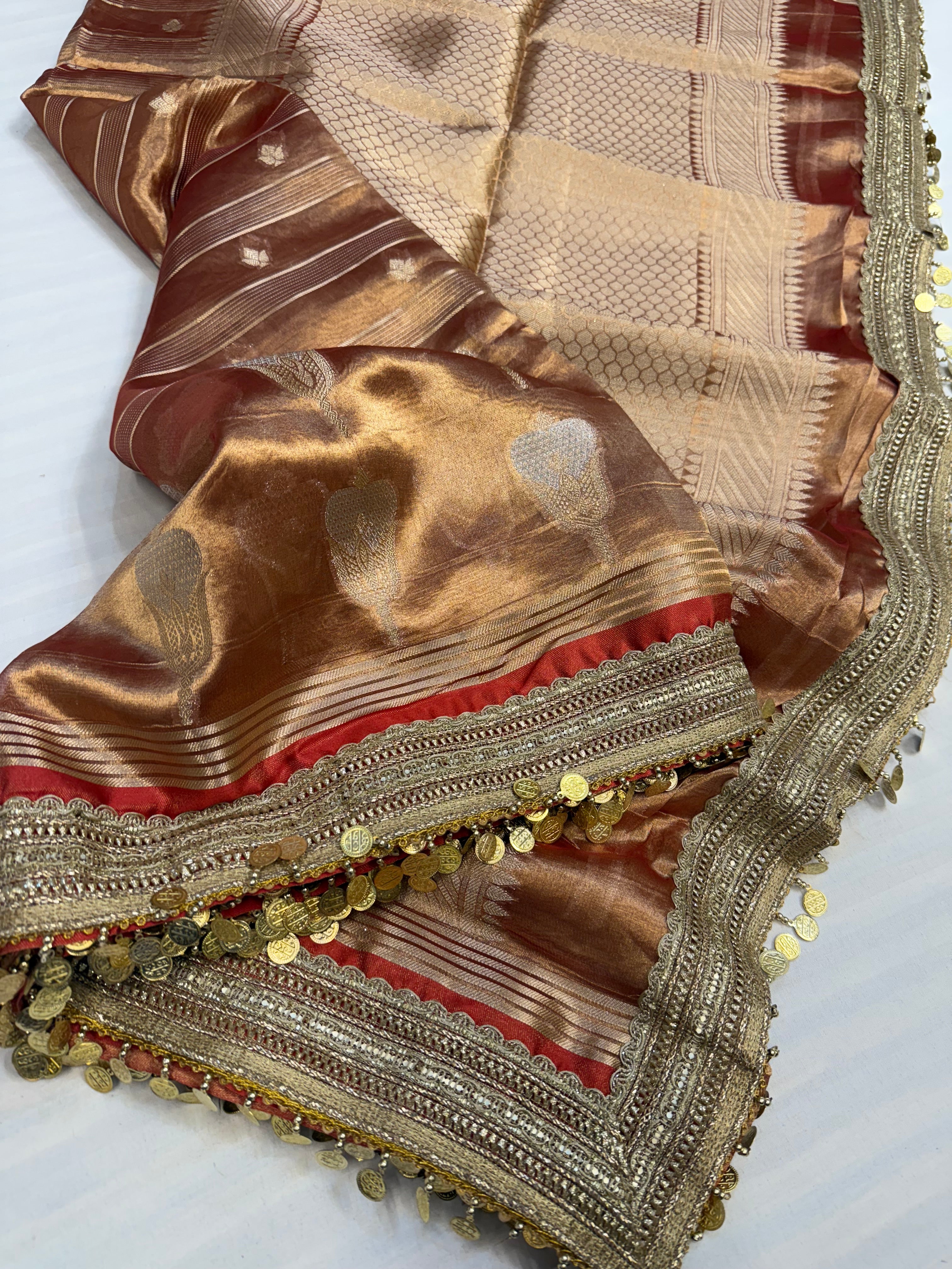 Rustic red maharani tissue silk kadhwa buti saree
