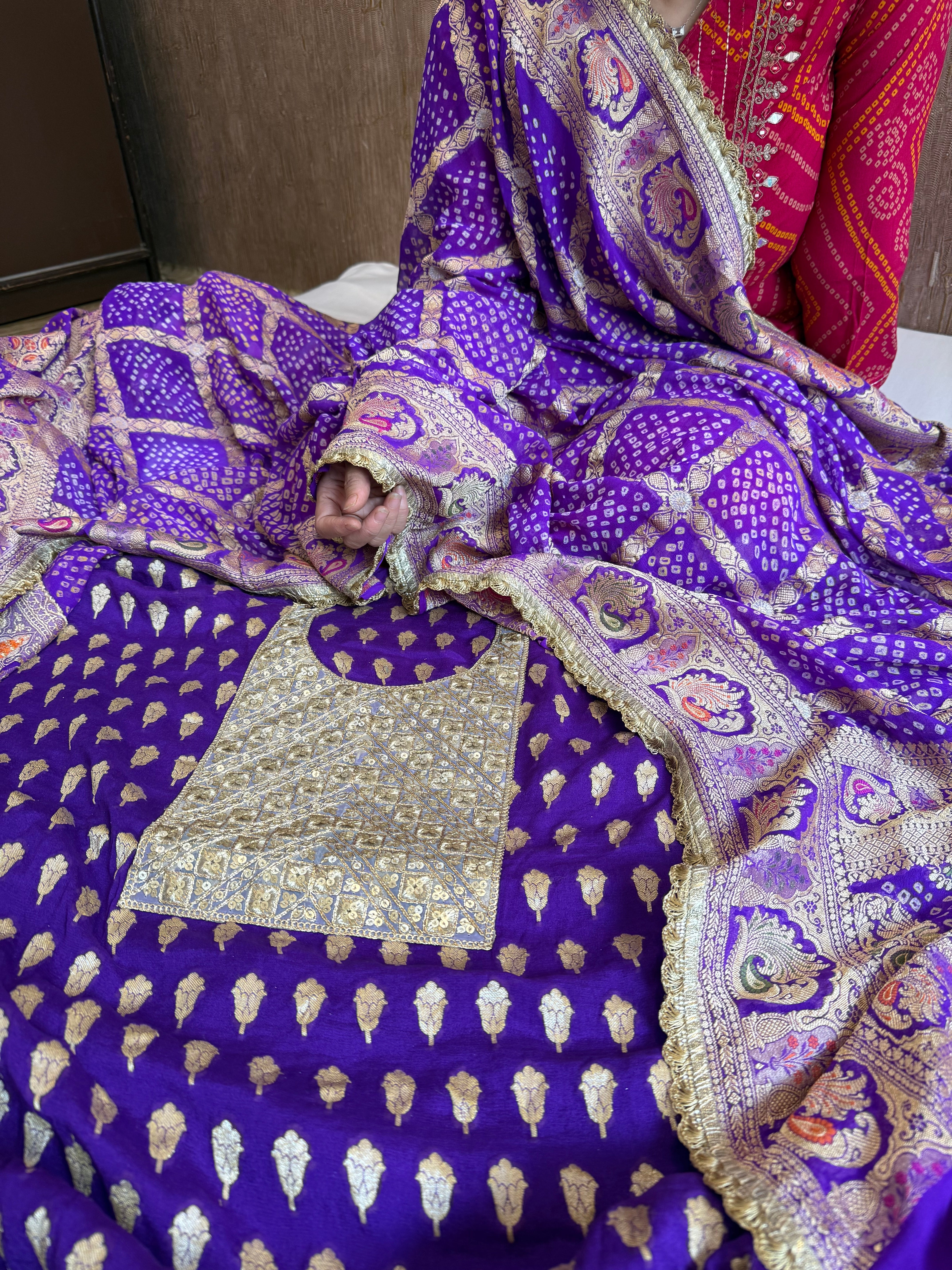 Purple rai bandhej banarasi gorgette kadhwa suit set