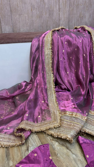 Mastani Metallic rose pink tissue silk kadhwa buti lehenga