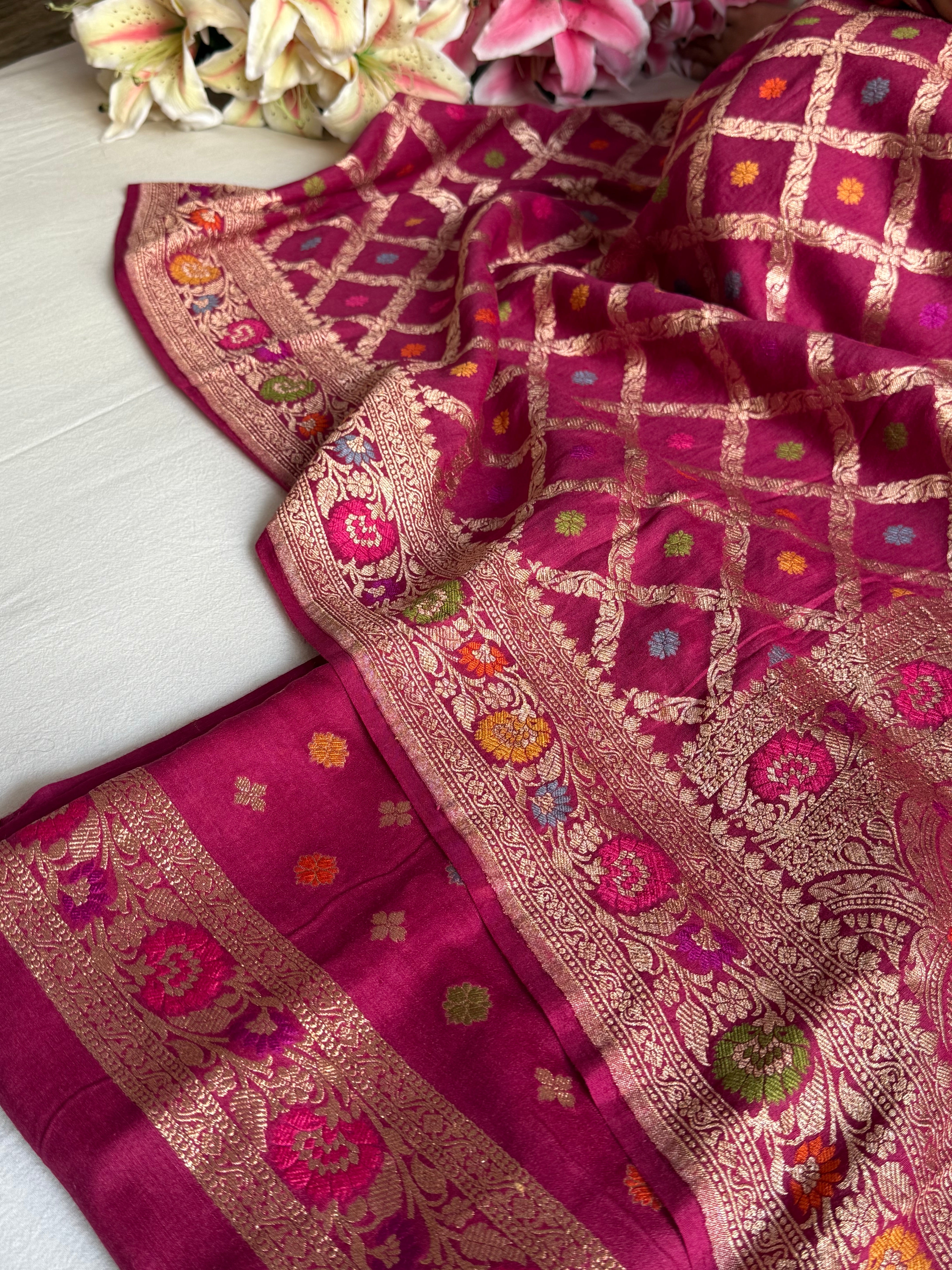 Moonga silk cranberry shade chaukadi duppata with meenakari kadhwa weaving