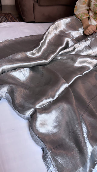 Metallic silver tissue brocade saree