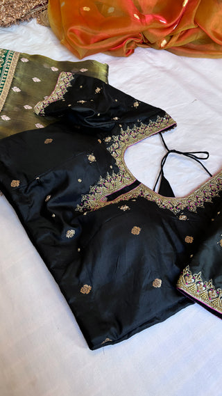 Sitara black katan silk hand embroidered blouse piece               SIZE - 36 to 38