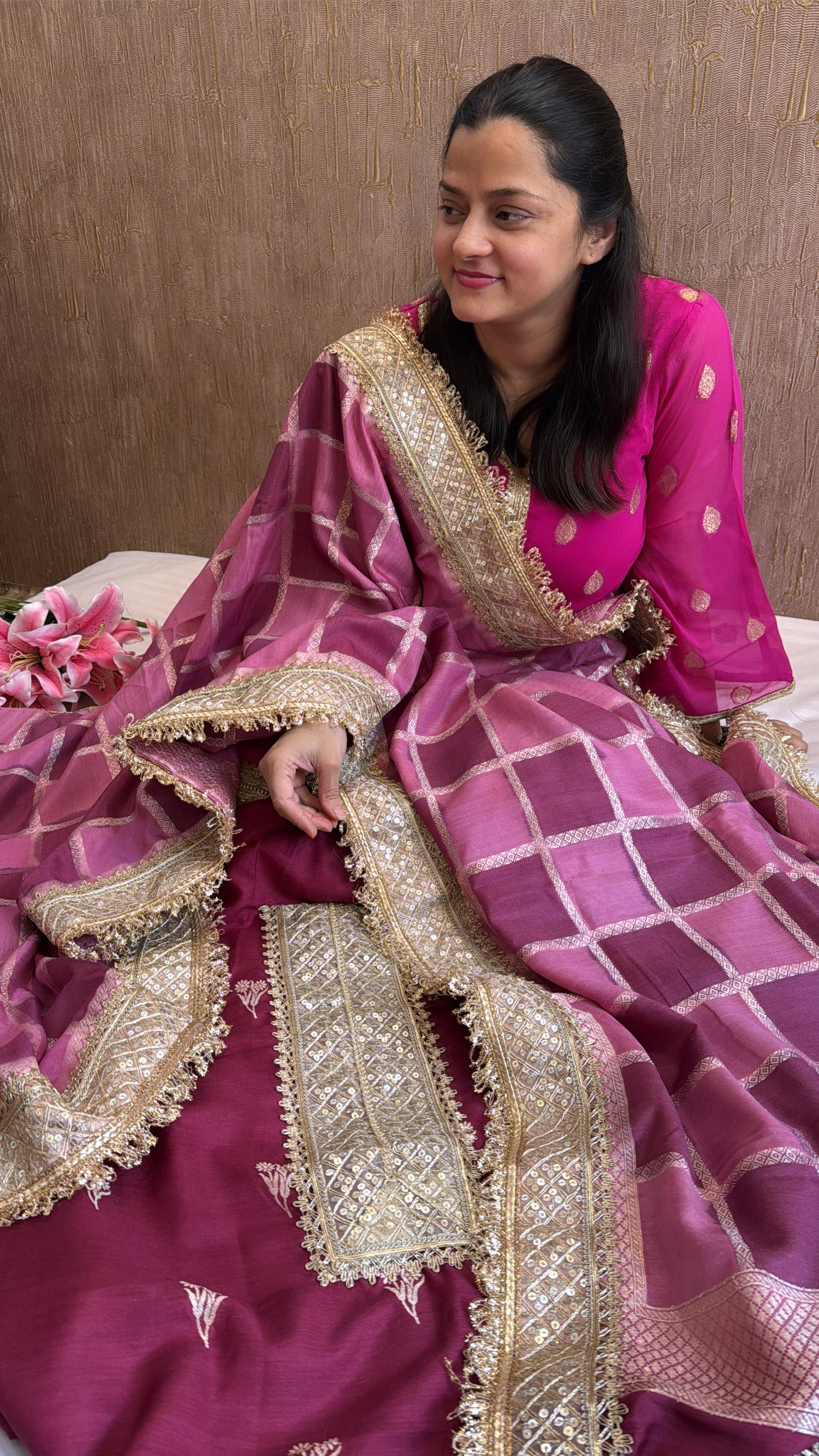 Dark plum purple rangkaat dye chaukadi weaving kadhwa silk suit set