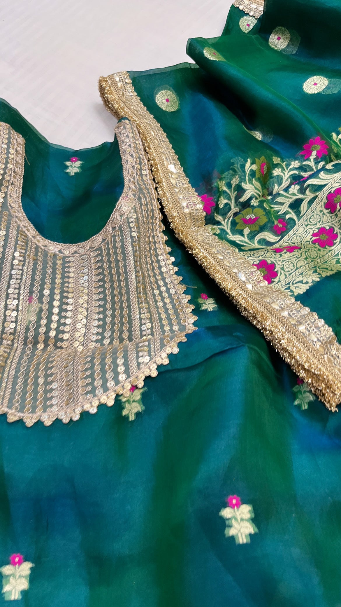 Heeramandi peacock greenish-blue dhup chao effect tissue silk meenakari suit set
