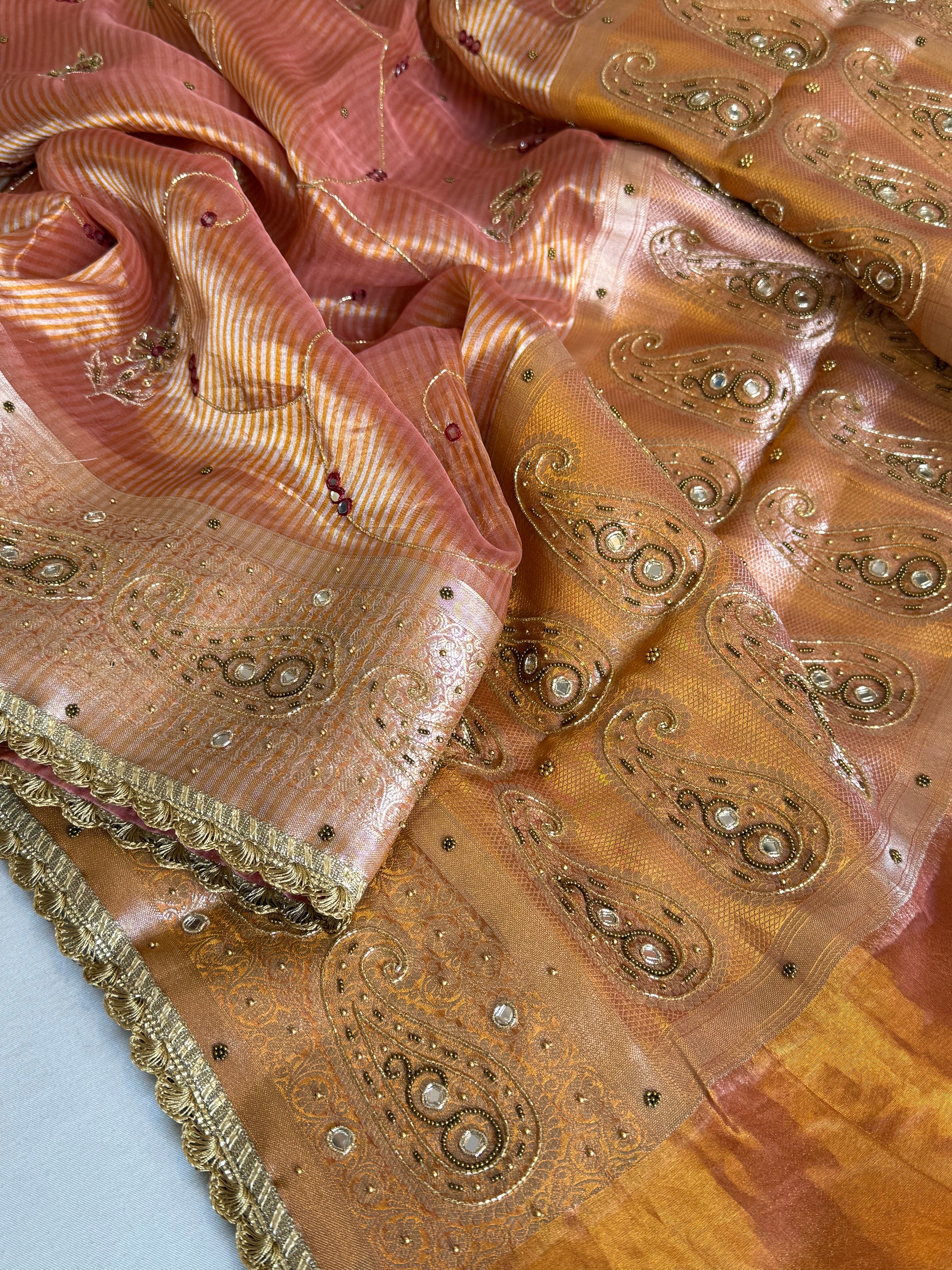 Begum bano Mirror work ambi motif peach striped tissue silk hand embroidered saree